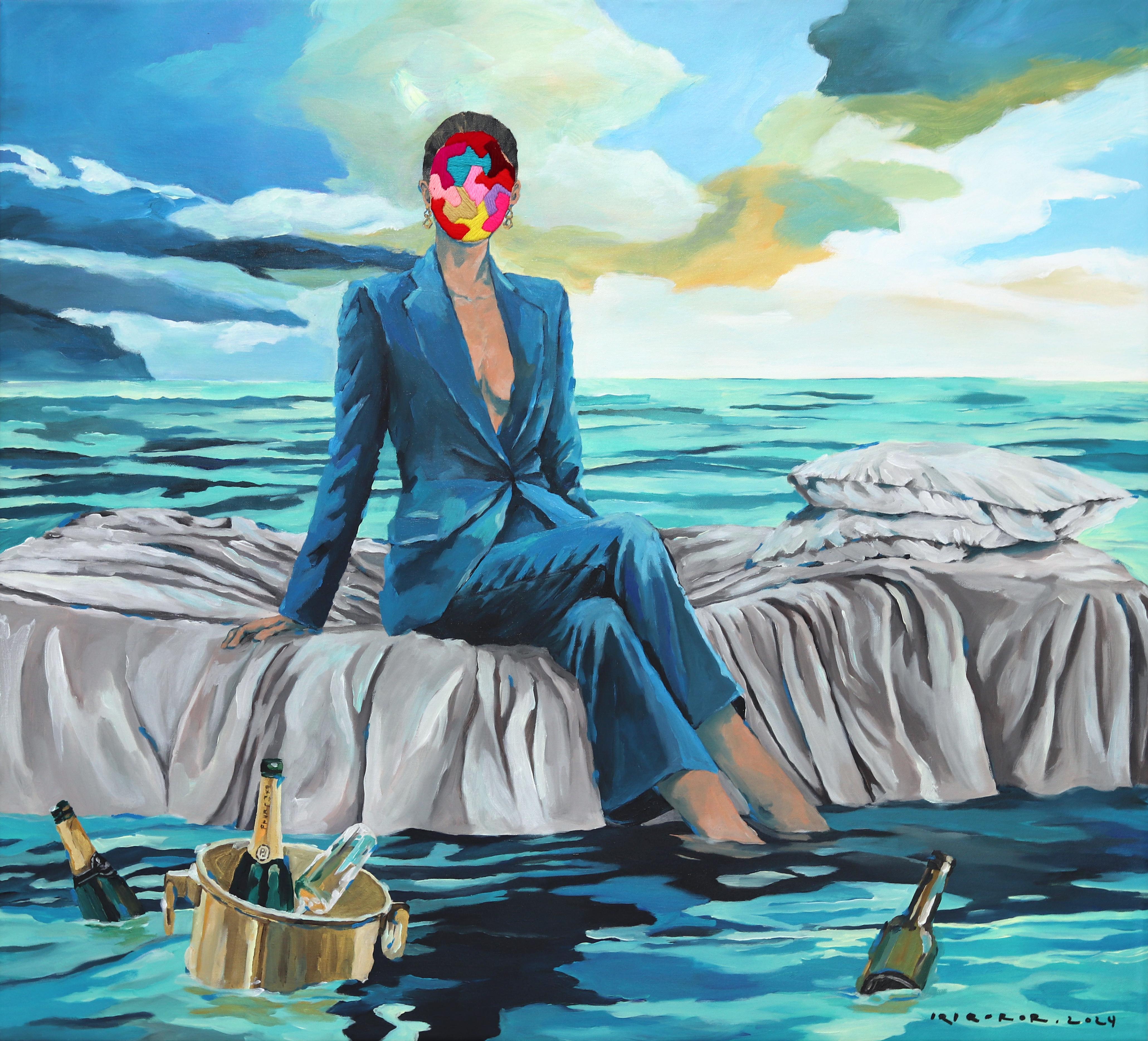 After Party II - Pittura surrealista originale blu colorata e figurativa