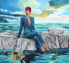 After Party II - Pittura surrealista originale blu colorata e figurativa