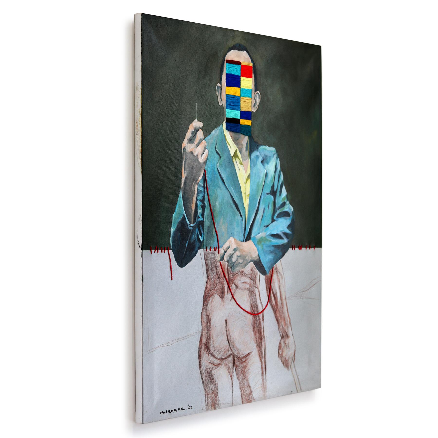 Die surrealen figurativen Gemälde von Iqi Qoror bestechen durch ihre erdige Farbpalette, die durch fluoreszierende Textilstickereien aufgelockert wird. Seine Werke kreisen um Fragen des Vertrauens, durchsetzt mit Fragmenten der Moderne, denen er