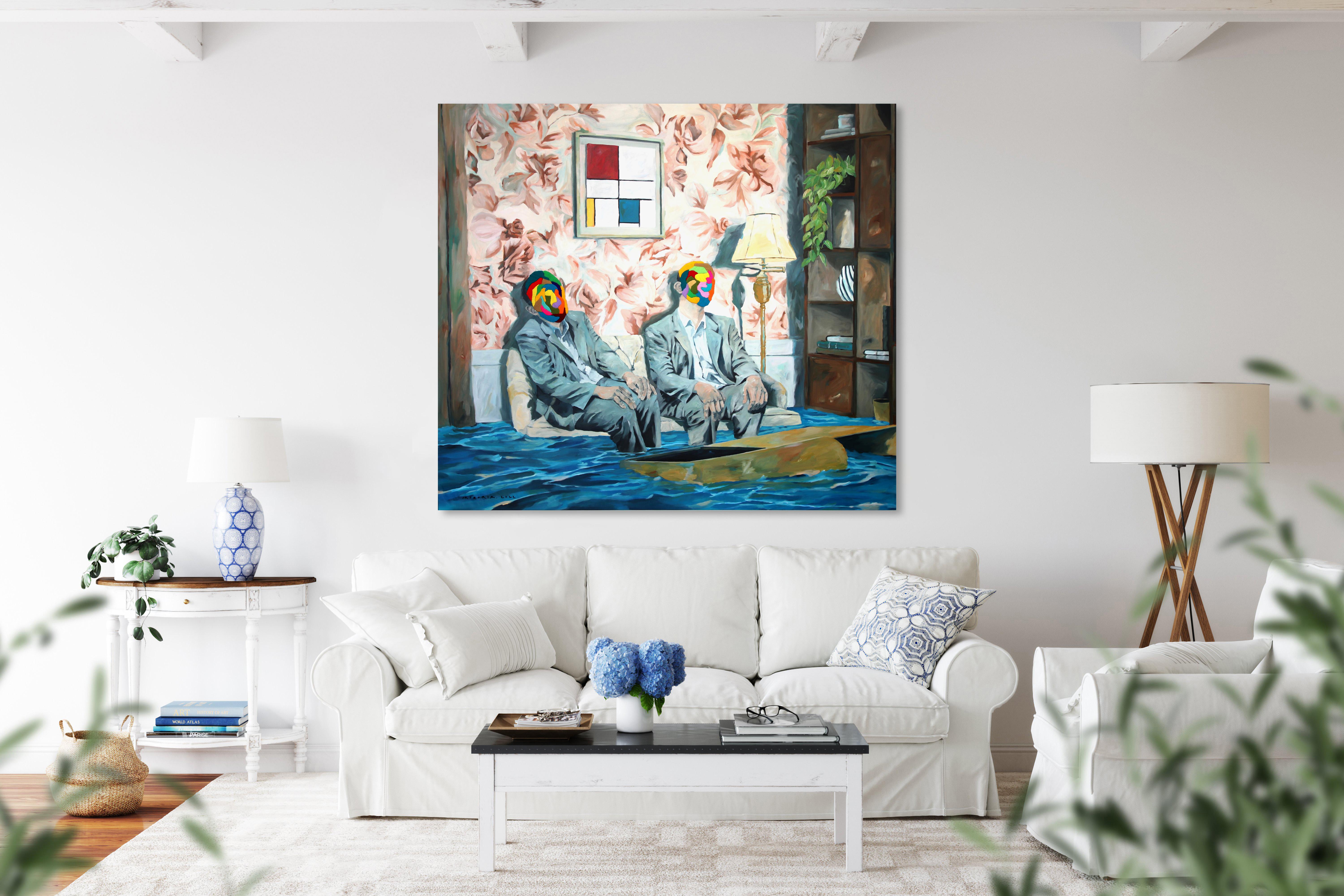 Blau unterneath Mondrian – Großes, übergroßes, modernes, figuratives, figuratives Wohnzimmerkunstwerk in Übergröße – Painting von Iqi Qoror