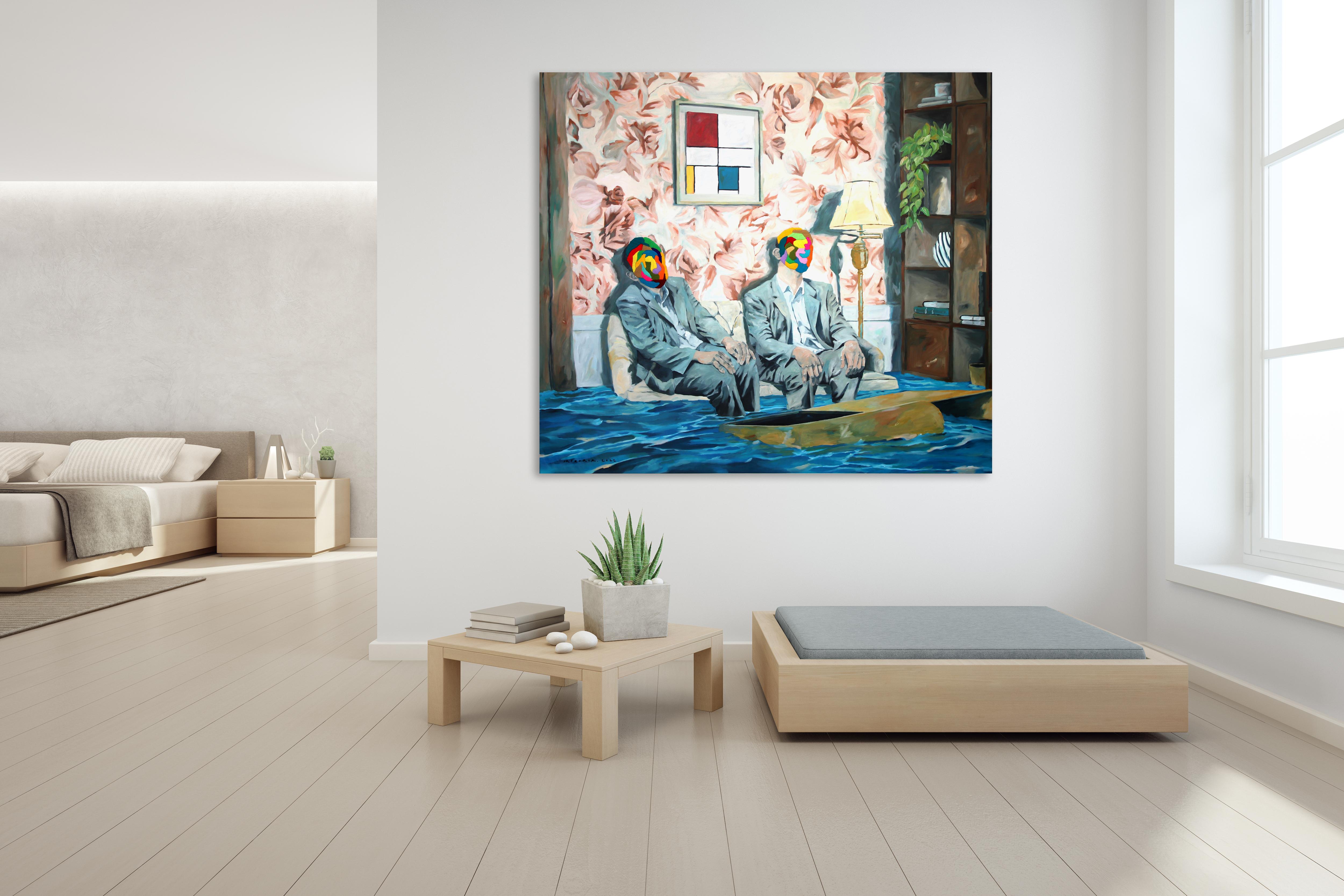 Blue Underneath Mondrian - Obra de arte figurativa moderna de gran tamaño para el salón en venta 1