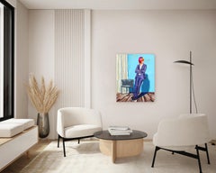 Figura sicura - Originale figura astratta di uomo in abito viola su parete blu