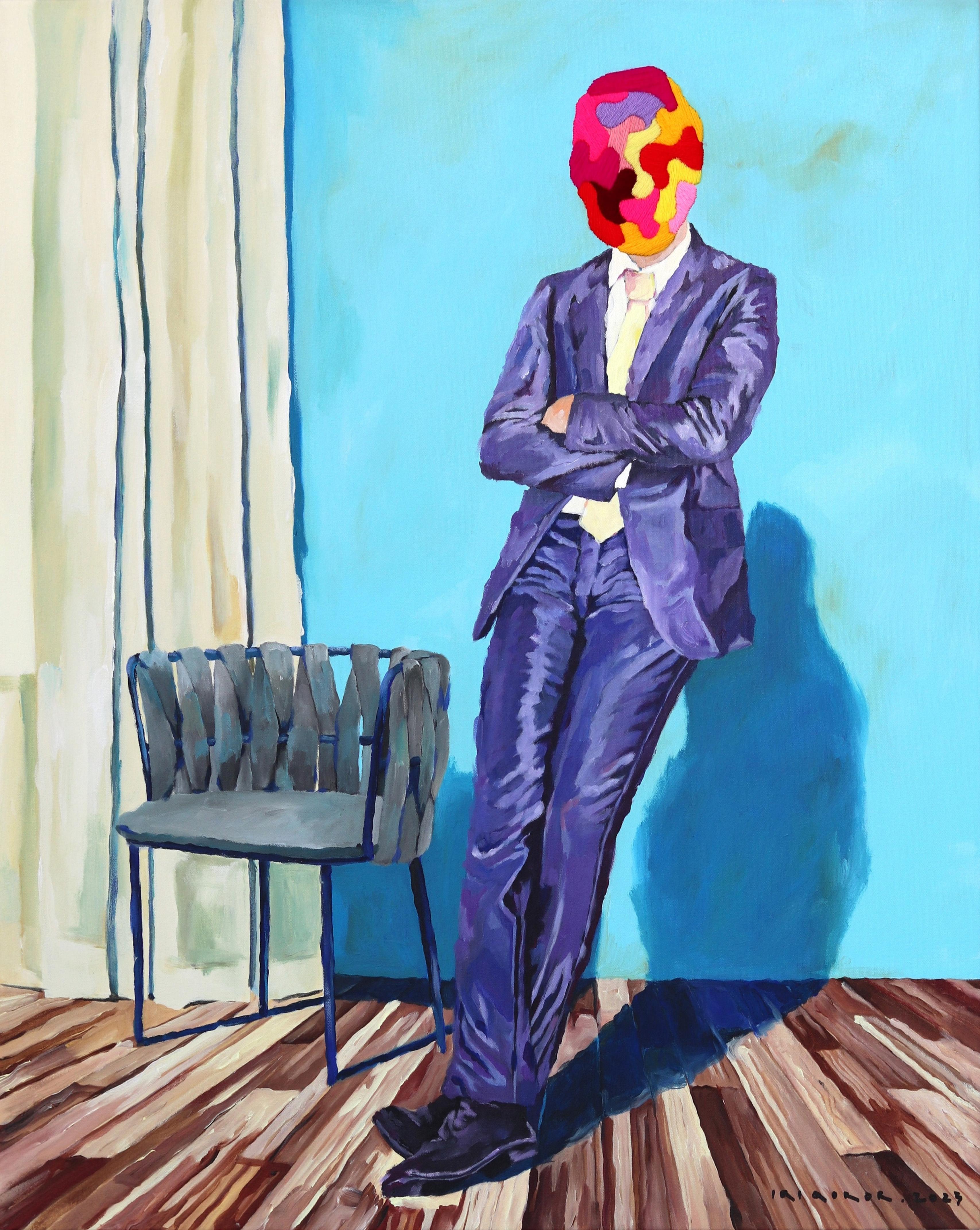Iqi Qoror Portrait Painting - Confident Figure - Original Figurative Abstract Man in Purple Suit on Blue Wall