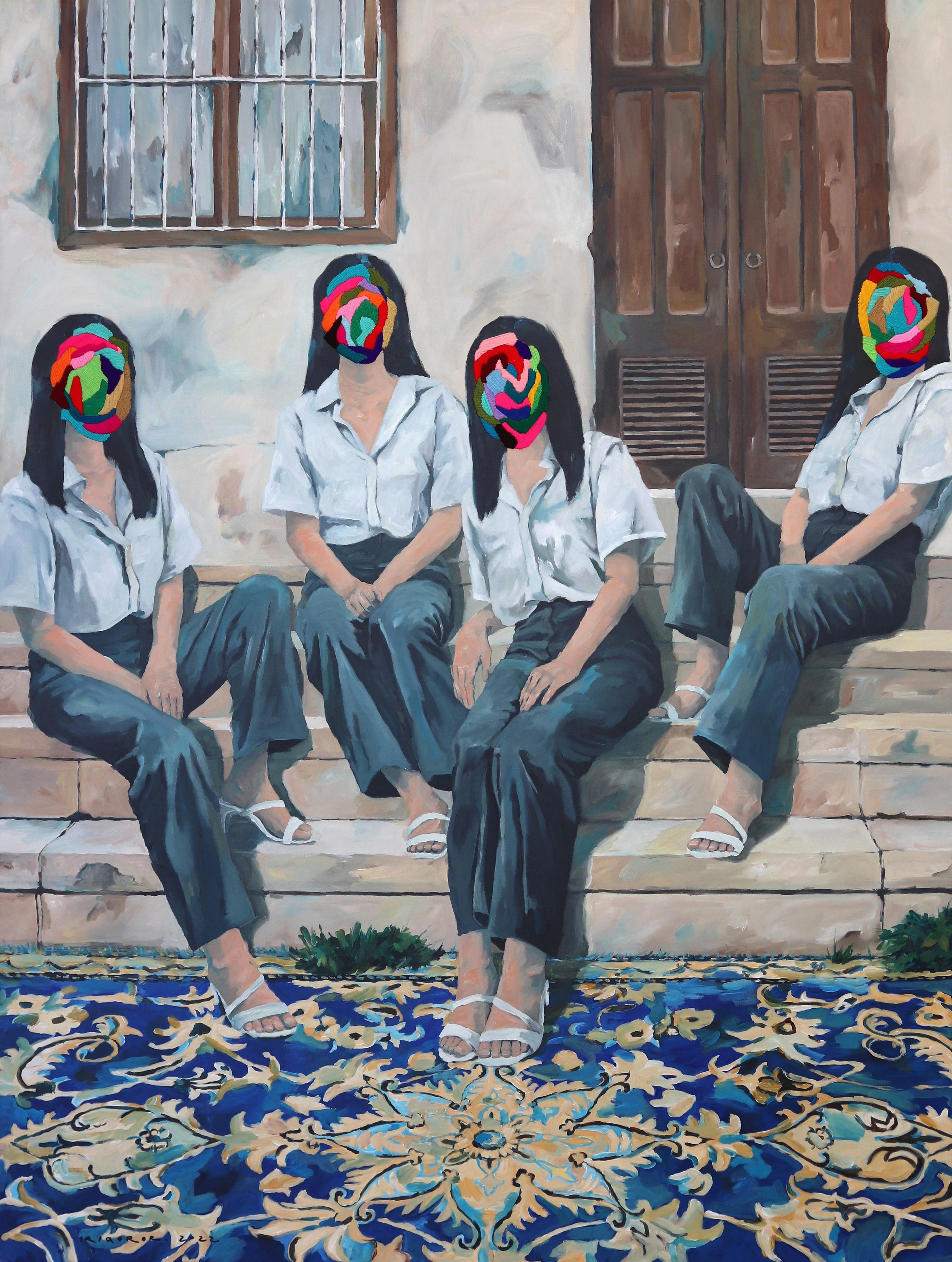 Vier Schwestern vor dem Haus - Original Surrealismus Mixed Media Textur Kunst
