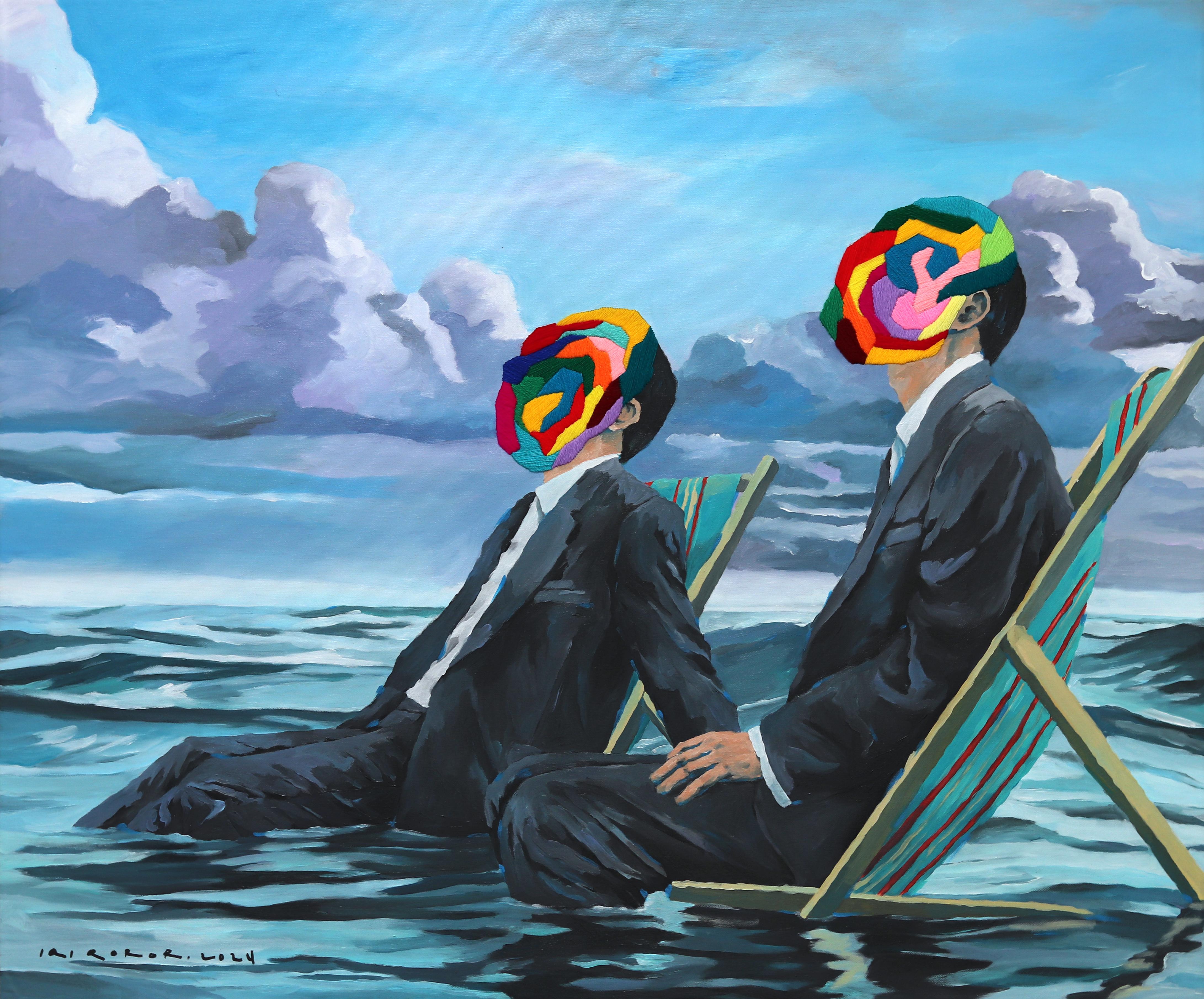 Oziare - Pittura surrealista originale blu colorata e figurativa