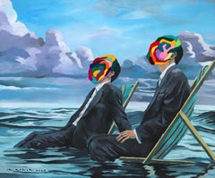 Tumbarse - Pintura Surrealista Figurativa Original Azul Colorido