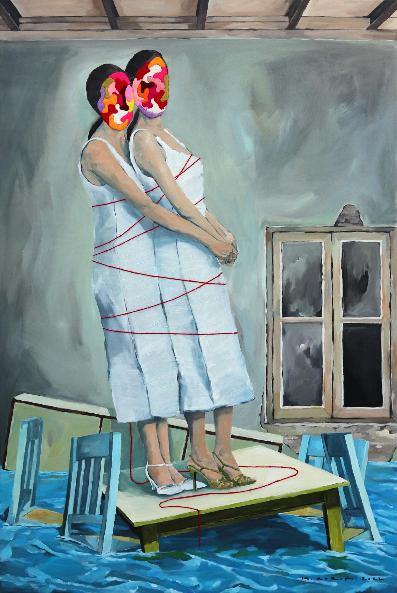 Raro en la mesa - Gran cuadro original surrealista de mujer con textura sobre lienzo