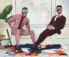 Perfect Chairs - Large Canvas Modern Figurative Men in Suits Textural Artwork