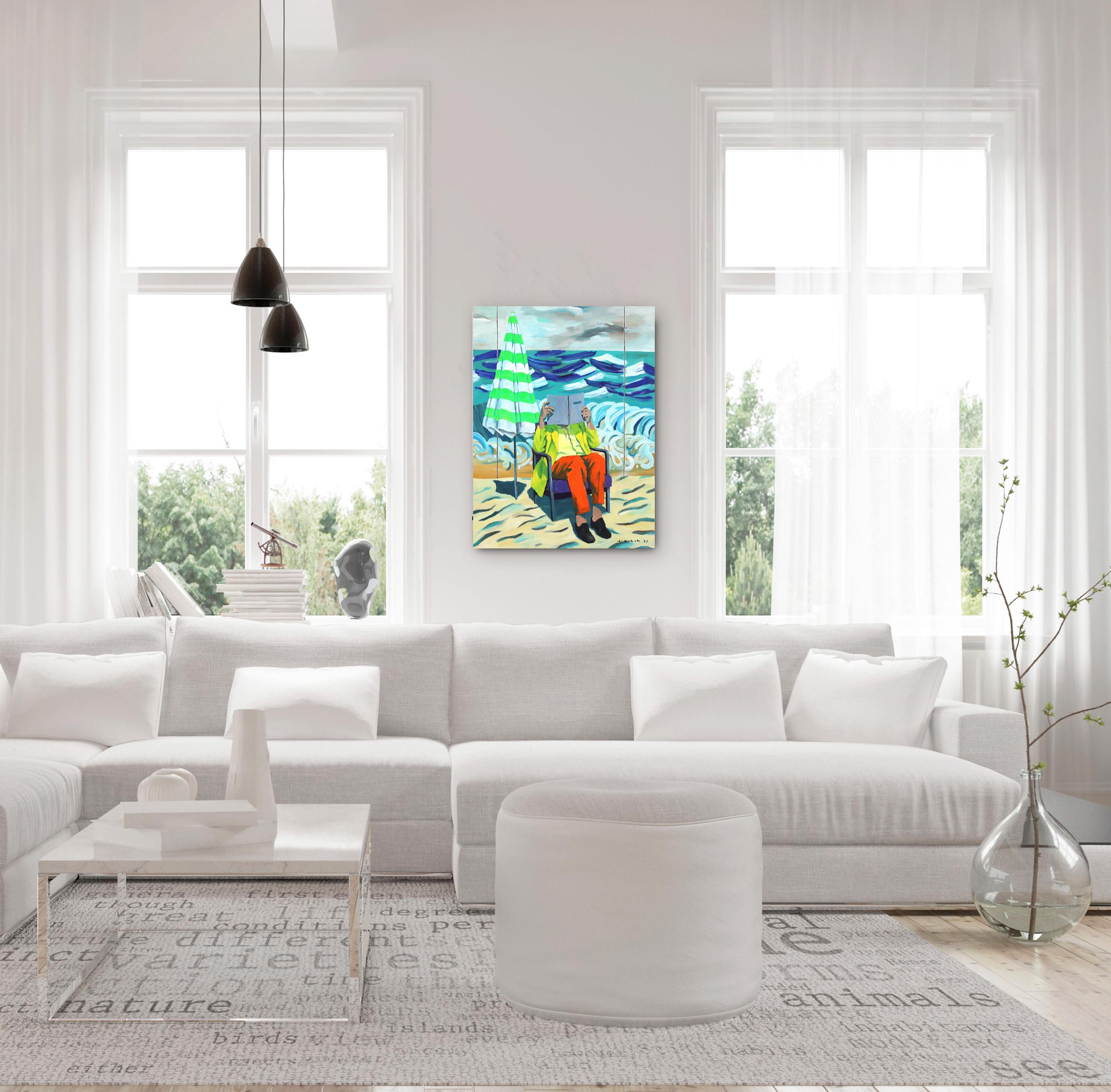 Postura de lectura frente a tres paneles  - Pintura figurativa abstracta original - Painting de Iqi Qoror