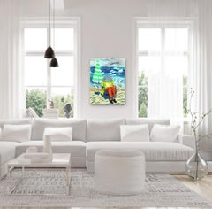 Posa di lettura davanti a tre pannelli  - Pittura astratta figurativa originale