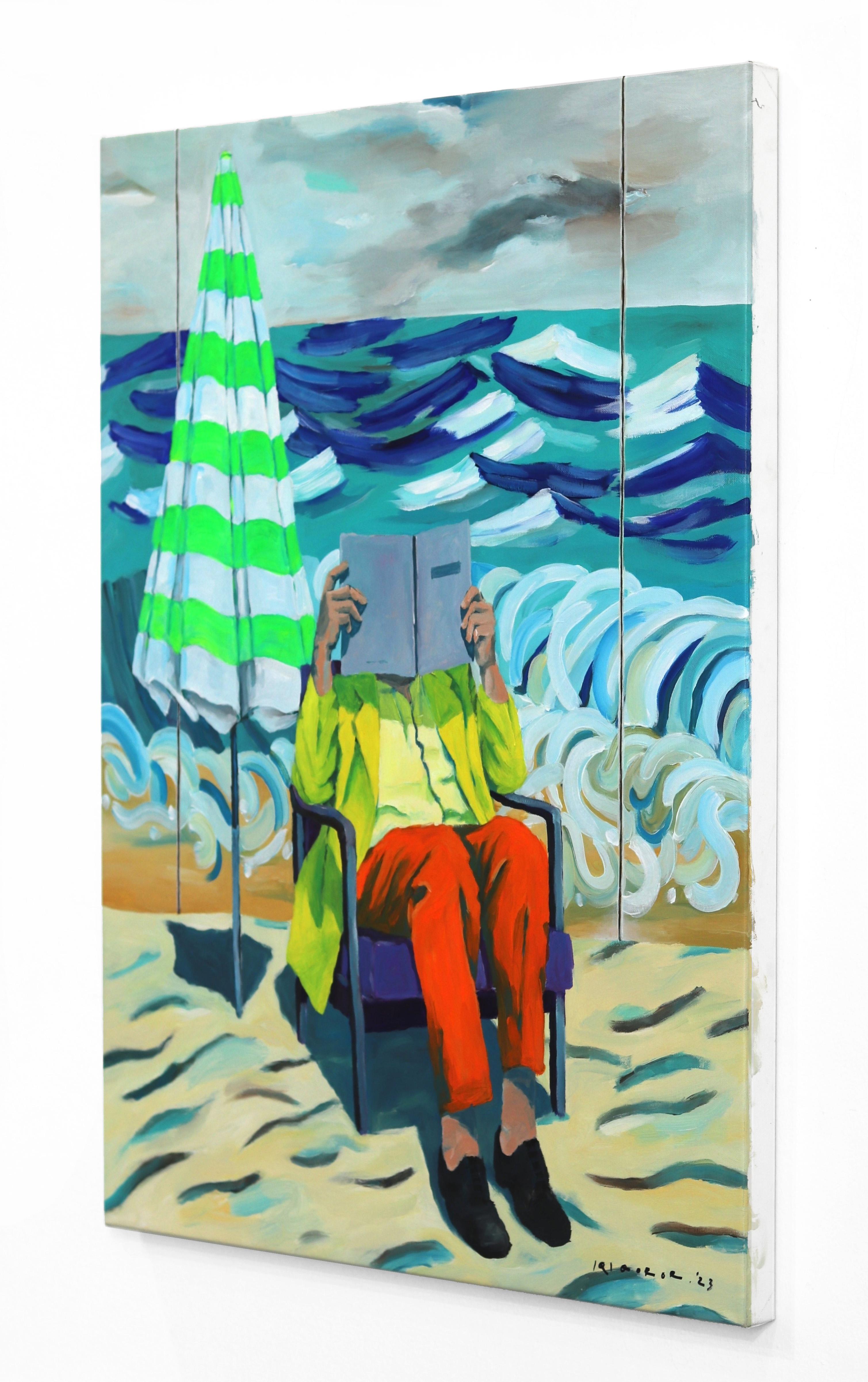 Postura de lectura frente a tres paneles  - Pintura figurativa abstracta original - Figurative Painting Verde de Iqi Qoror