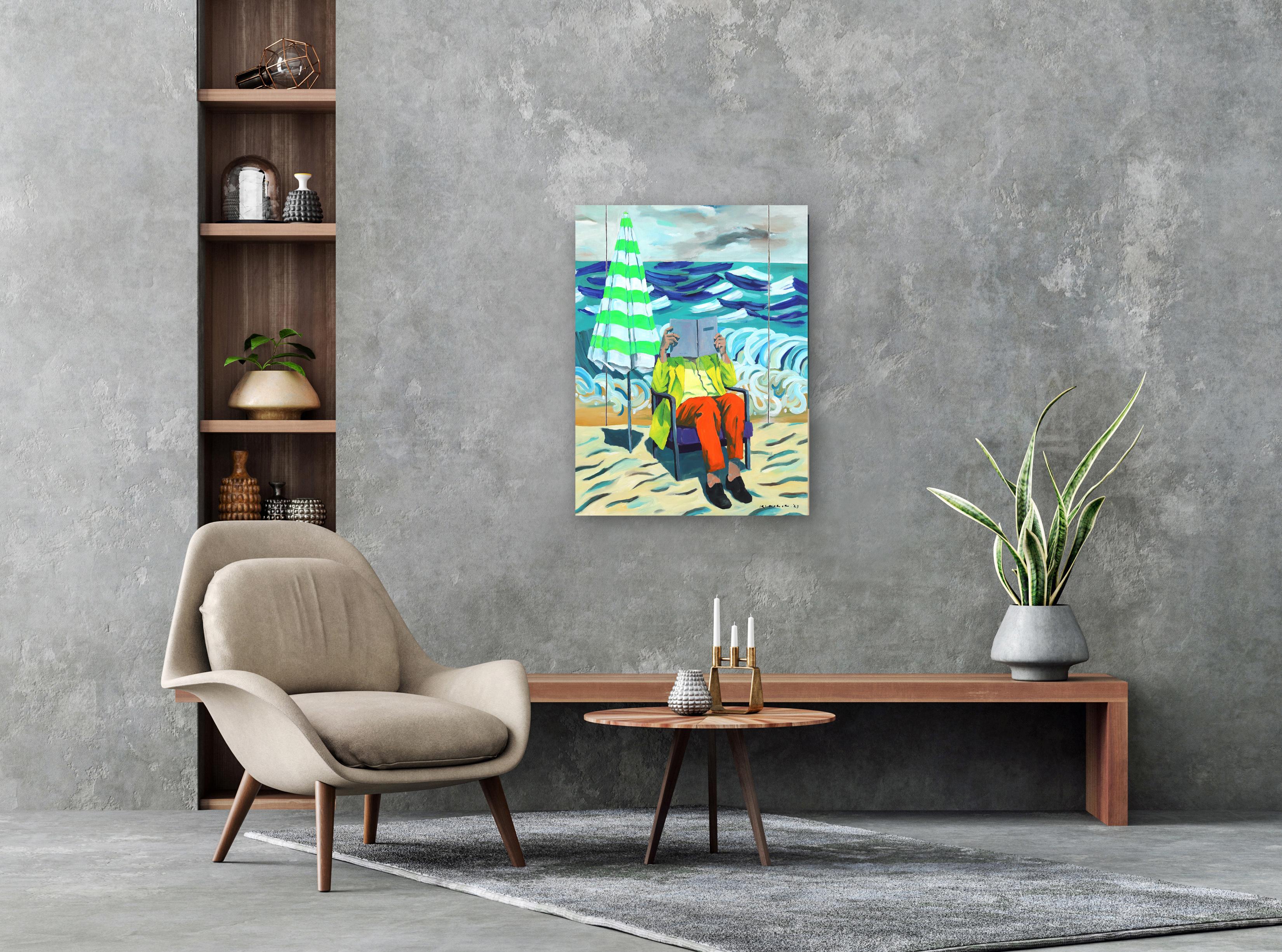 Reading Pose in Front of Three Panels  - Original Figurative Abstract Painting For Sale 4