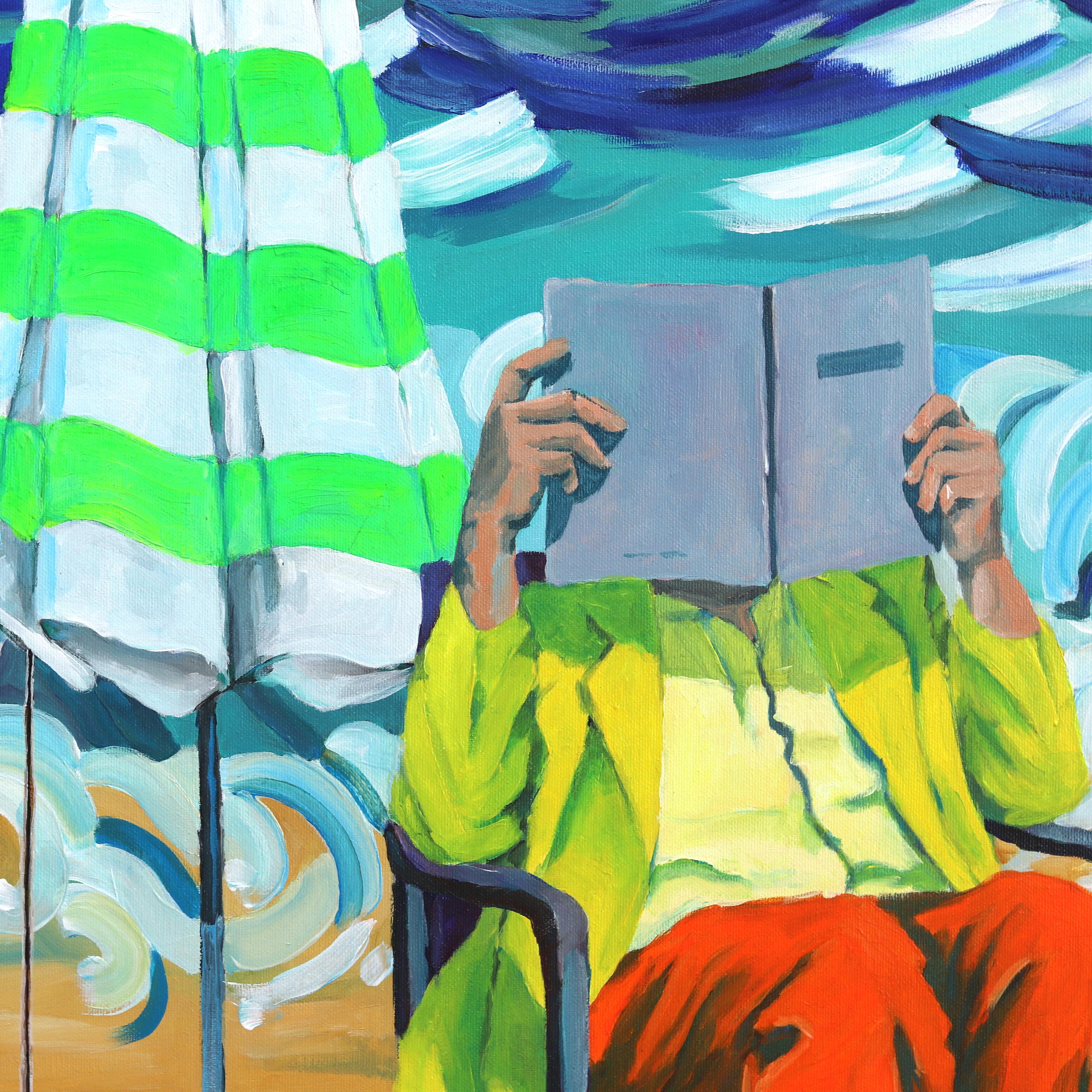 Postura de lectura frente a tres paneles  - Pintura figurativa abstracta original en venta 3