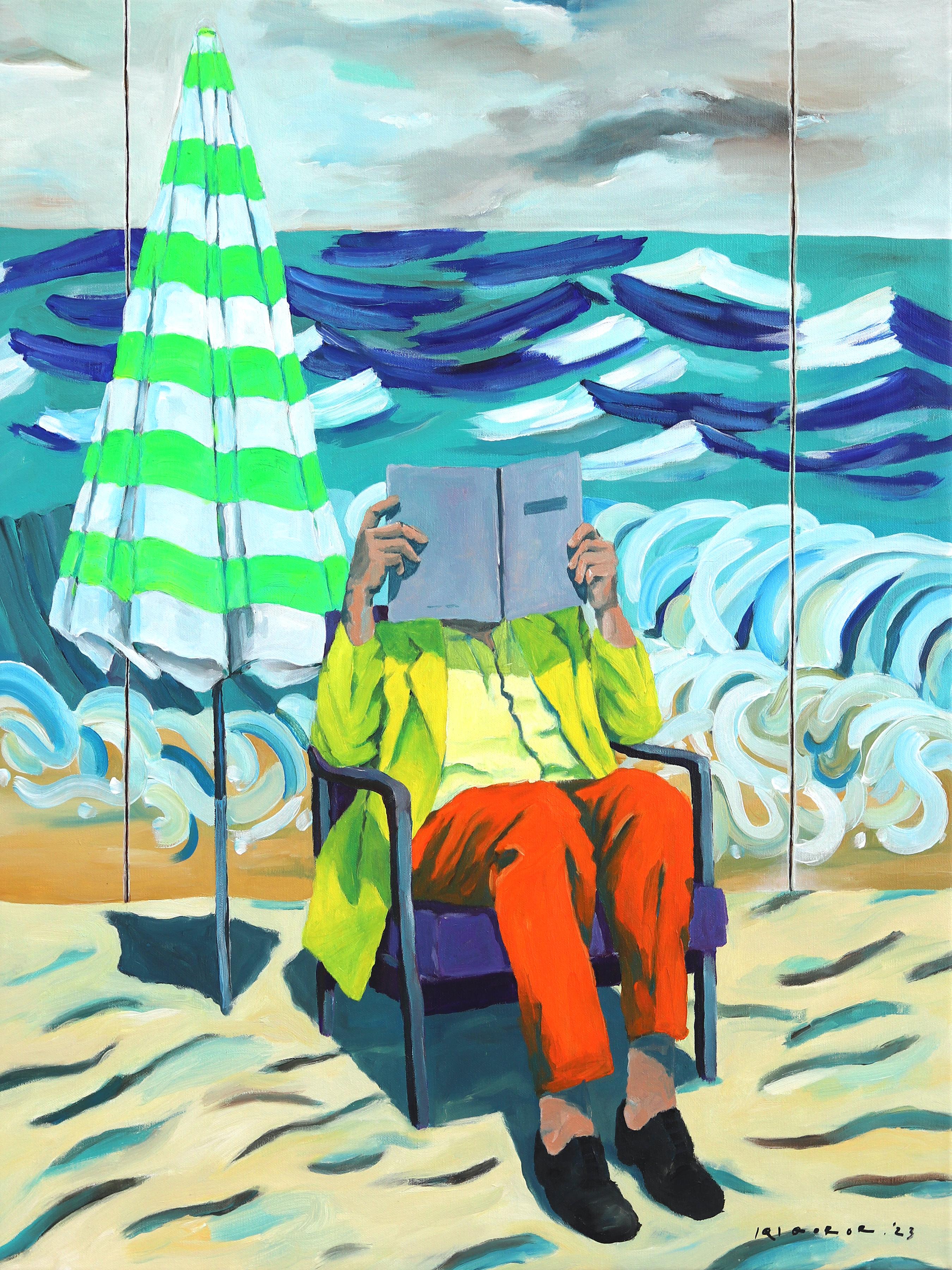 Figurative Painting de Iqi Qoror - Postura de lectura frente a tres paneles  - Pintura figurativa abstracta original