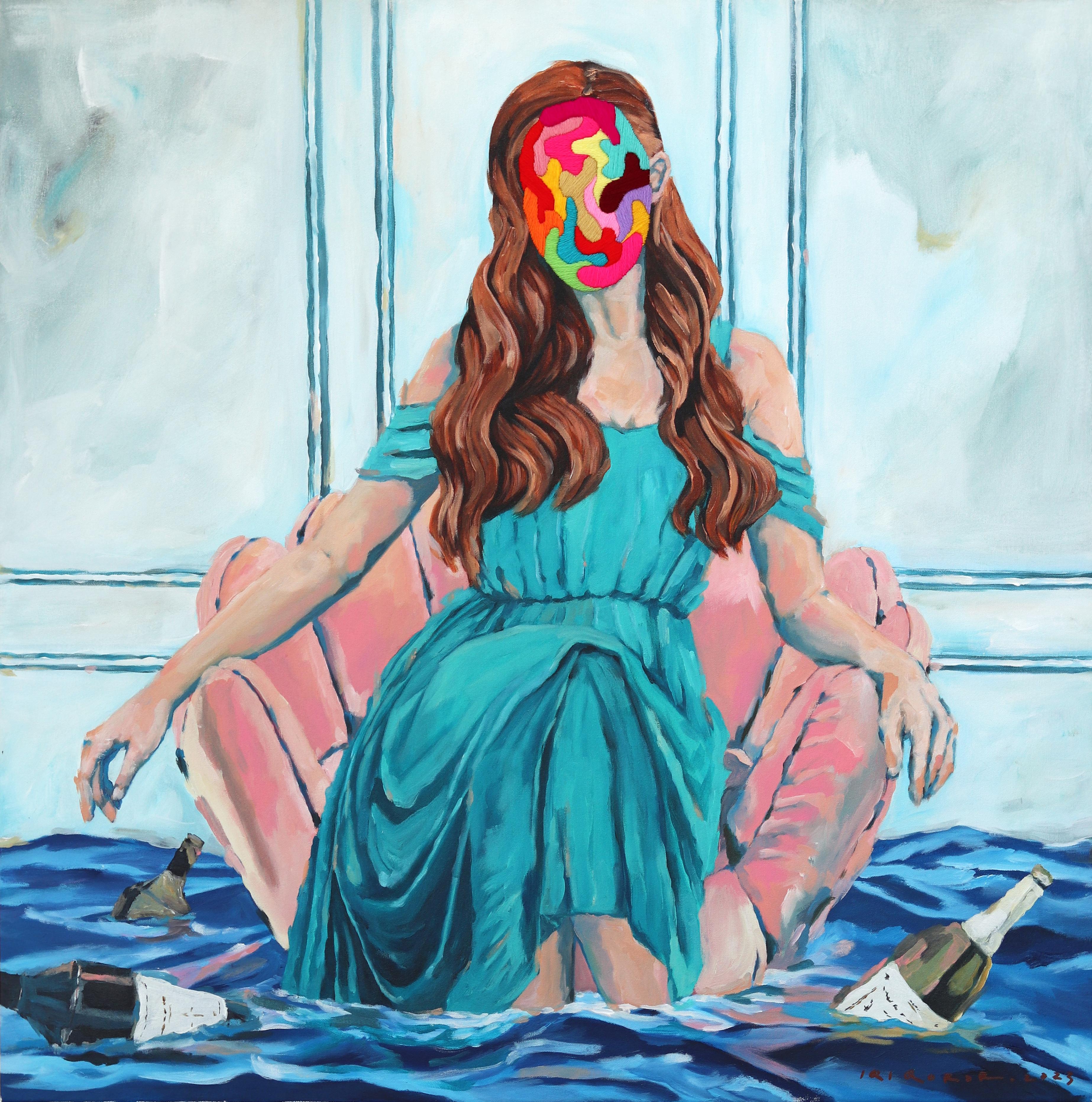 Statement on the Stream – Original figuratives abstraktes Gemälde einer Frau auf Sofa, Original