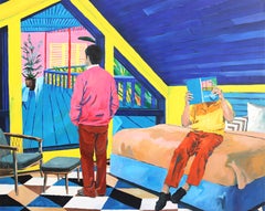 Used Strangers in Blue Veranda - Original Surrealist Mixed Media on Canvas