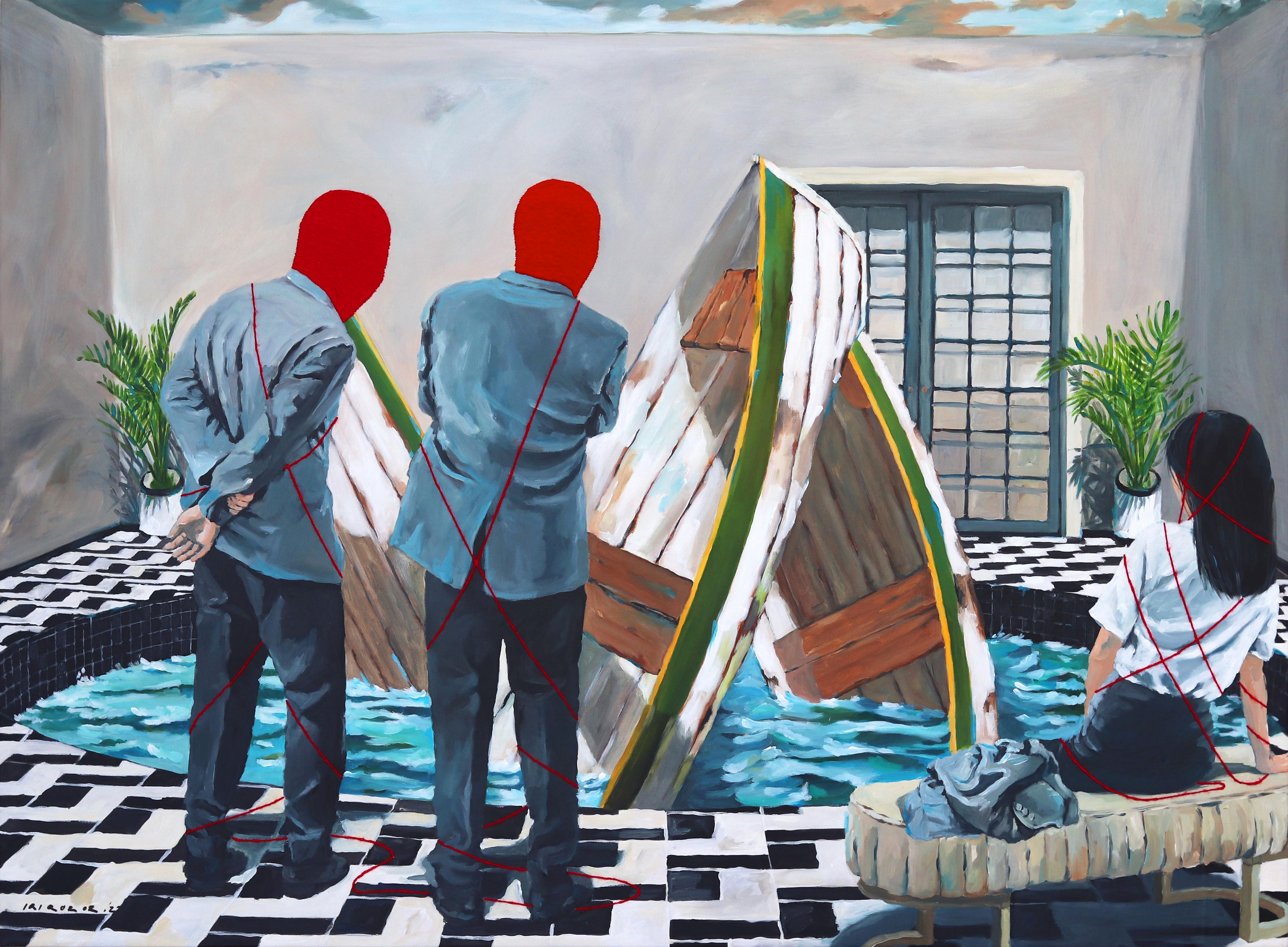 Dreireihiger Boot – Original Surrealistische Mixed Media auf Leinwand von Iqi Qoror