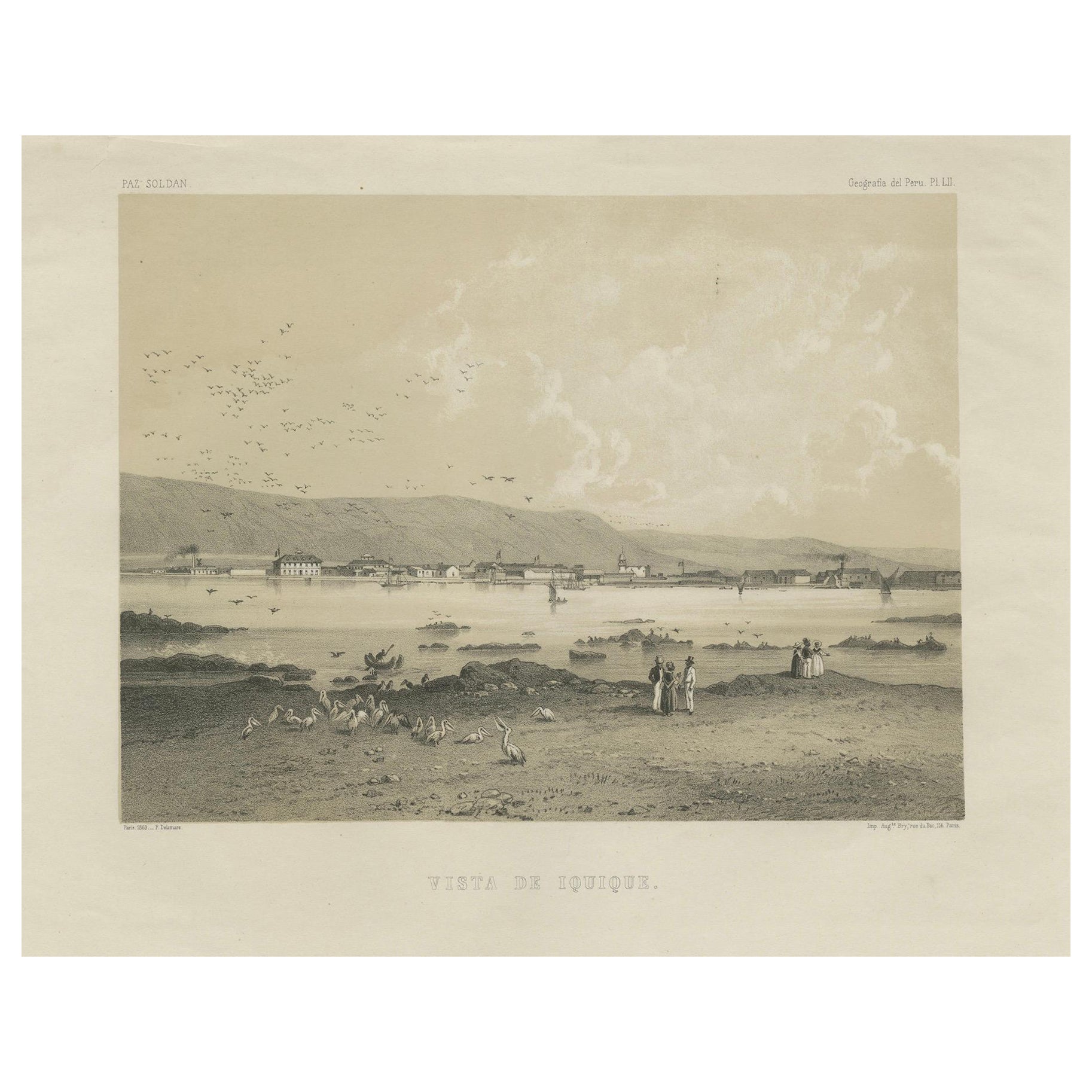 Iquique Peru (Now Chile) – Antique Coastal City Lithograph c.1865 For Sale
