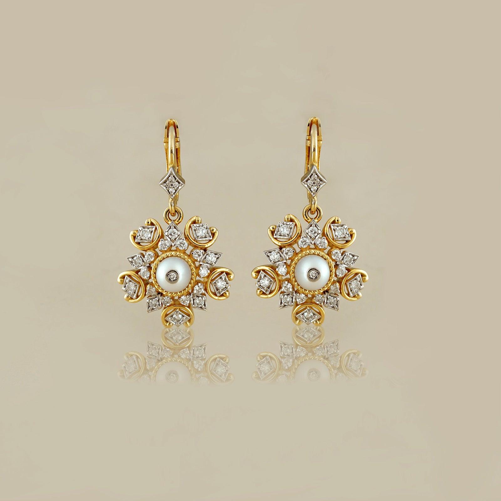 Gold(14K) : 8.50g
Diamonds : (VS clarity & H-I colour) : (Brilliant cut ) : 1.01ct
Gemstone : Cultured Pearl

You cannot go wrong with pearls, can you? Symbolic of dreamy romance, this handcrafted Ira Earring is worked in gold and is all sentimental