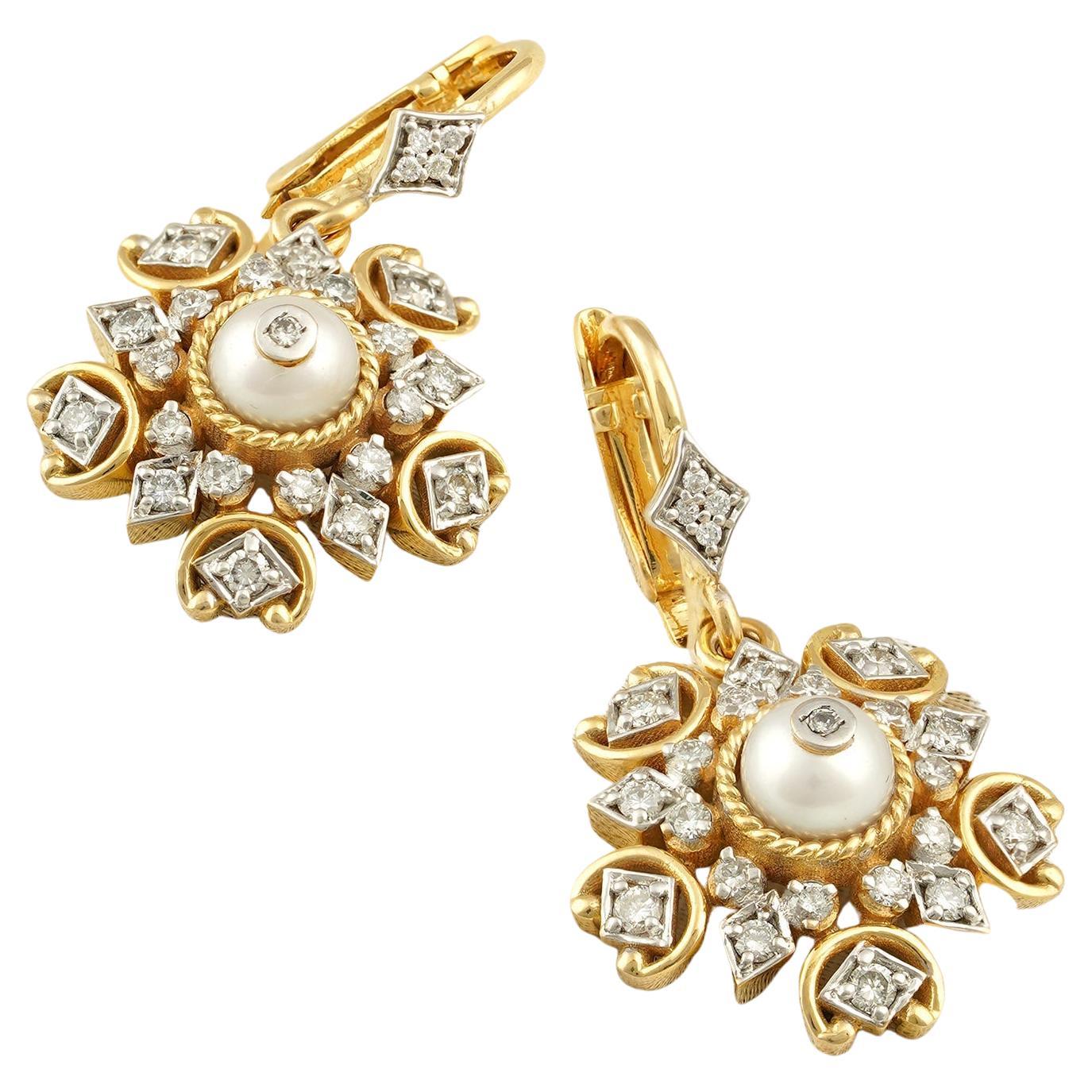 Moi Ira Diamond and Pearl Earrings For Sale