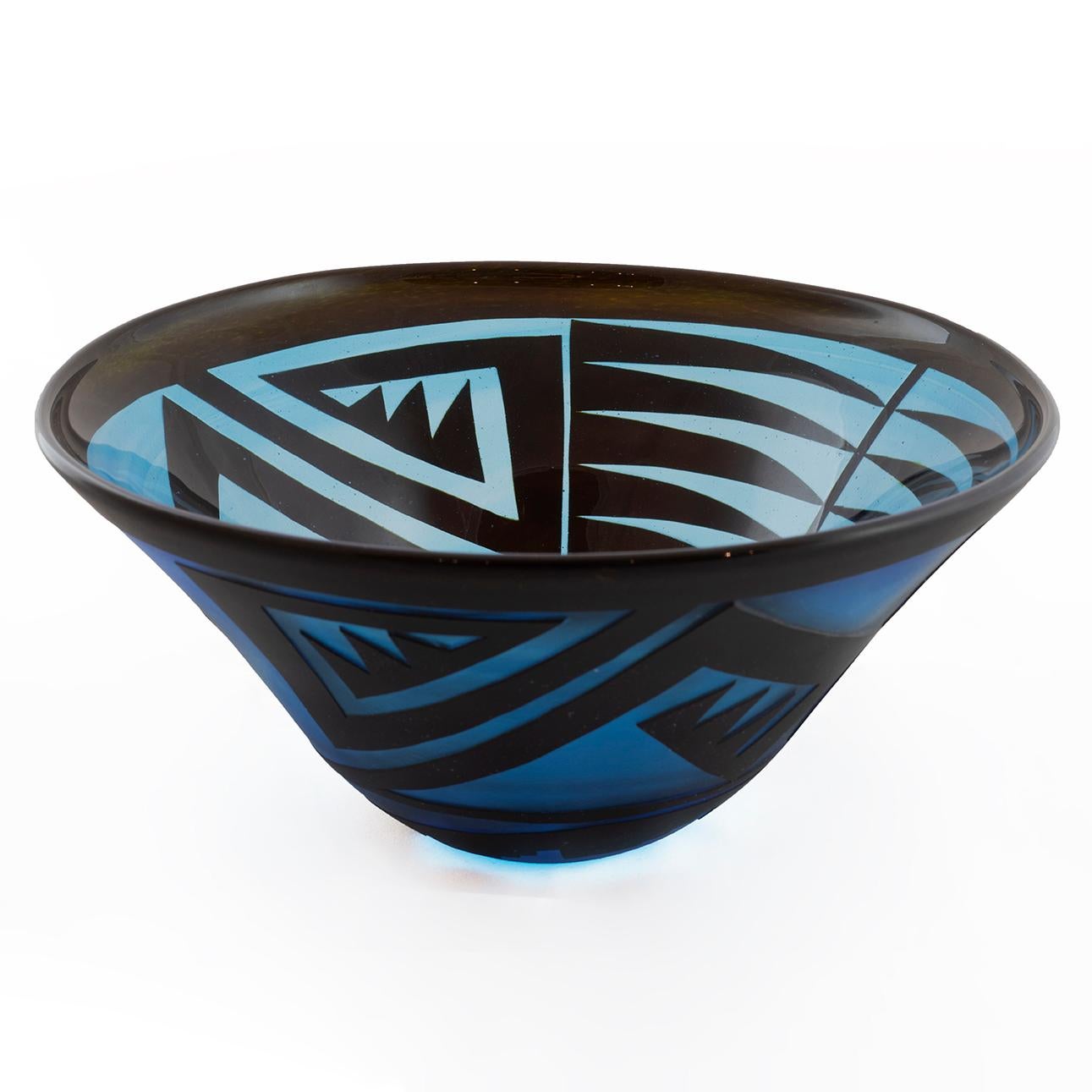 Ira Lujan Abstract Sculpture - Blue Bowl with Black Designs