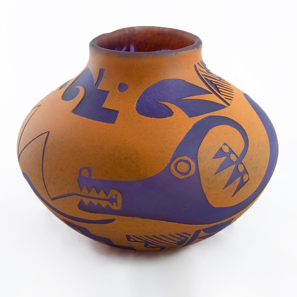 Ira Lujan Abstract Sculpture - Orange and Purple Olla with Avanyu