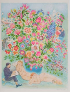 Artista y modelo, litografía moderna de Ira Moskowitz