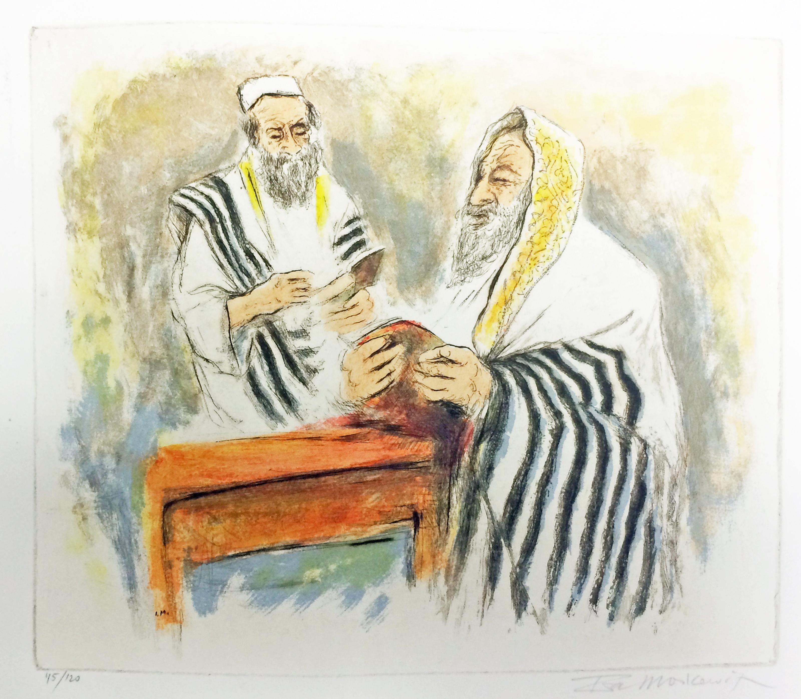  Ira Moskowitz, polaco/americano (1912 - 2001) -  Challah, Año: hacia 1970, Técnica: Aguafuerte con aguatinta, firmado y numerado a lápiz, Edición: 45/120, Tamaño: 25,4 x 29,85 cm (10 x 11,75 pulg.), Descripción: Dos ancianos judíos o rabinos de