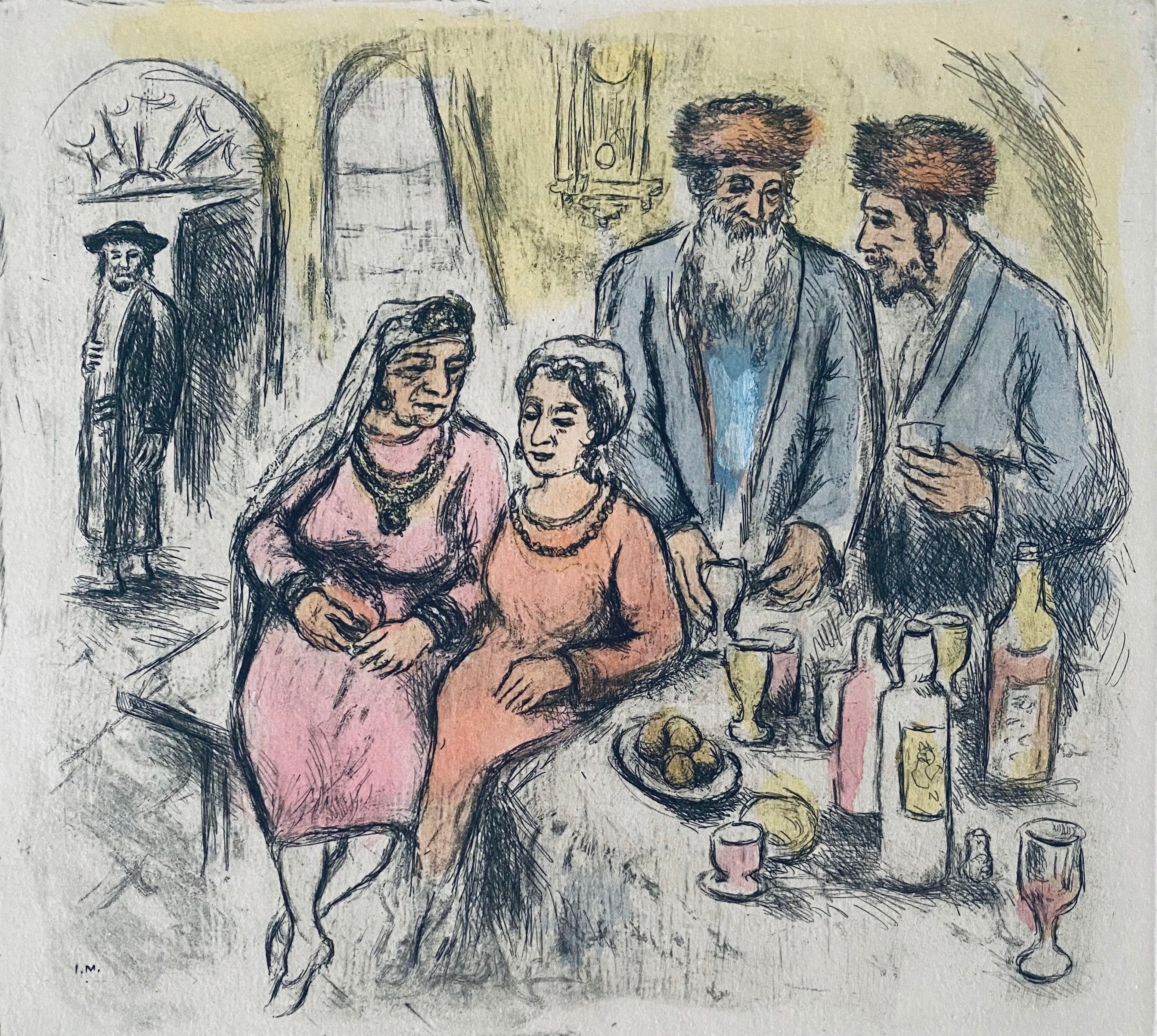 Grabado de escena interior judaica coloreado a mano - Print de Ira Moskowitz