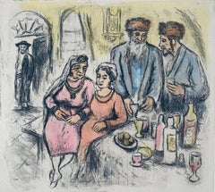Judaica interior scene etching with hand coloring