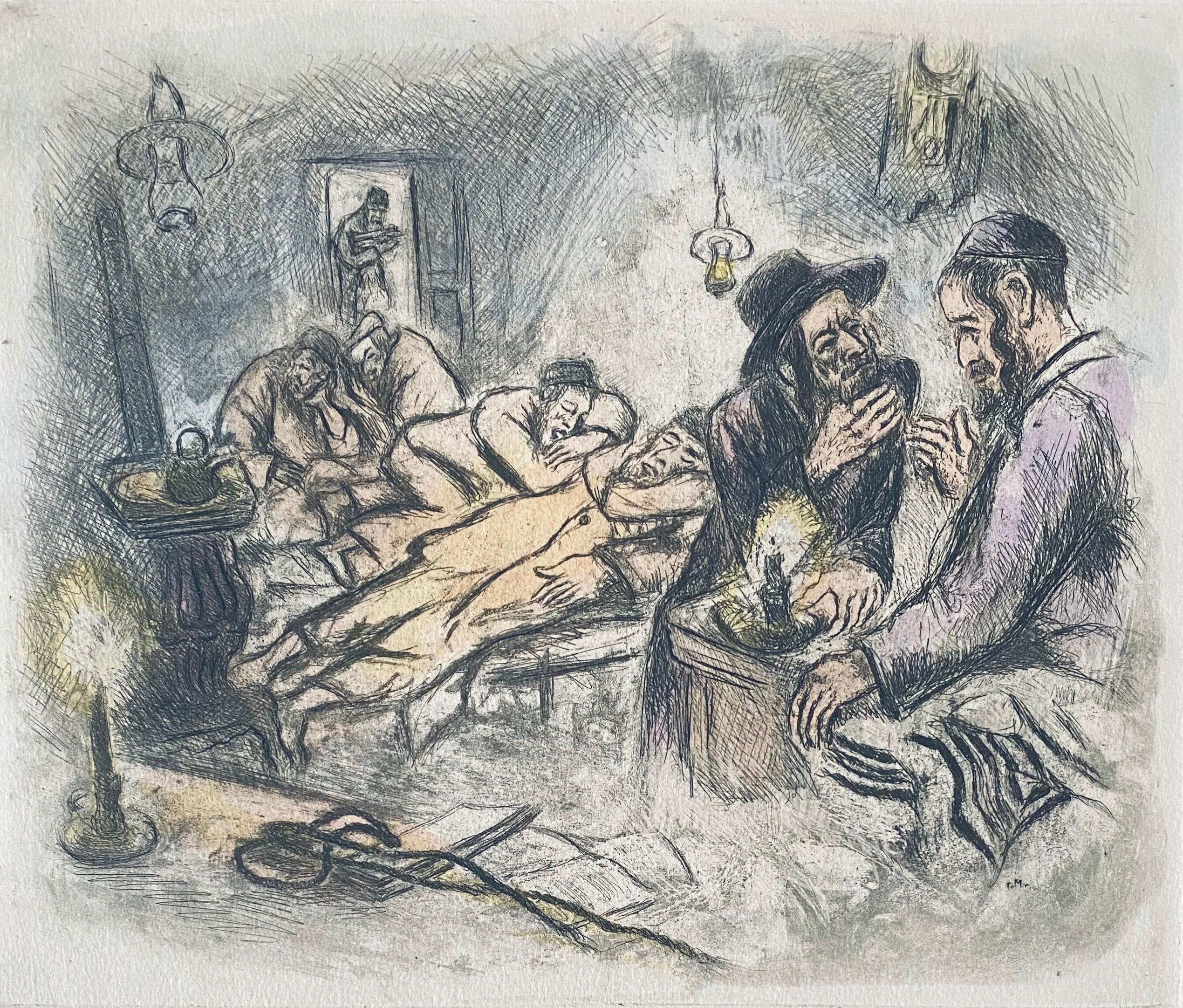 Grabado de escena interior judaica coloreado a mano - Print de Ira Moskowitz