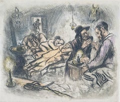 Judaica interior scene etching with hand coloring