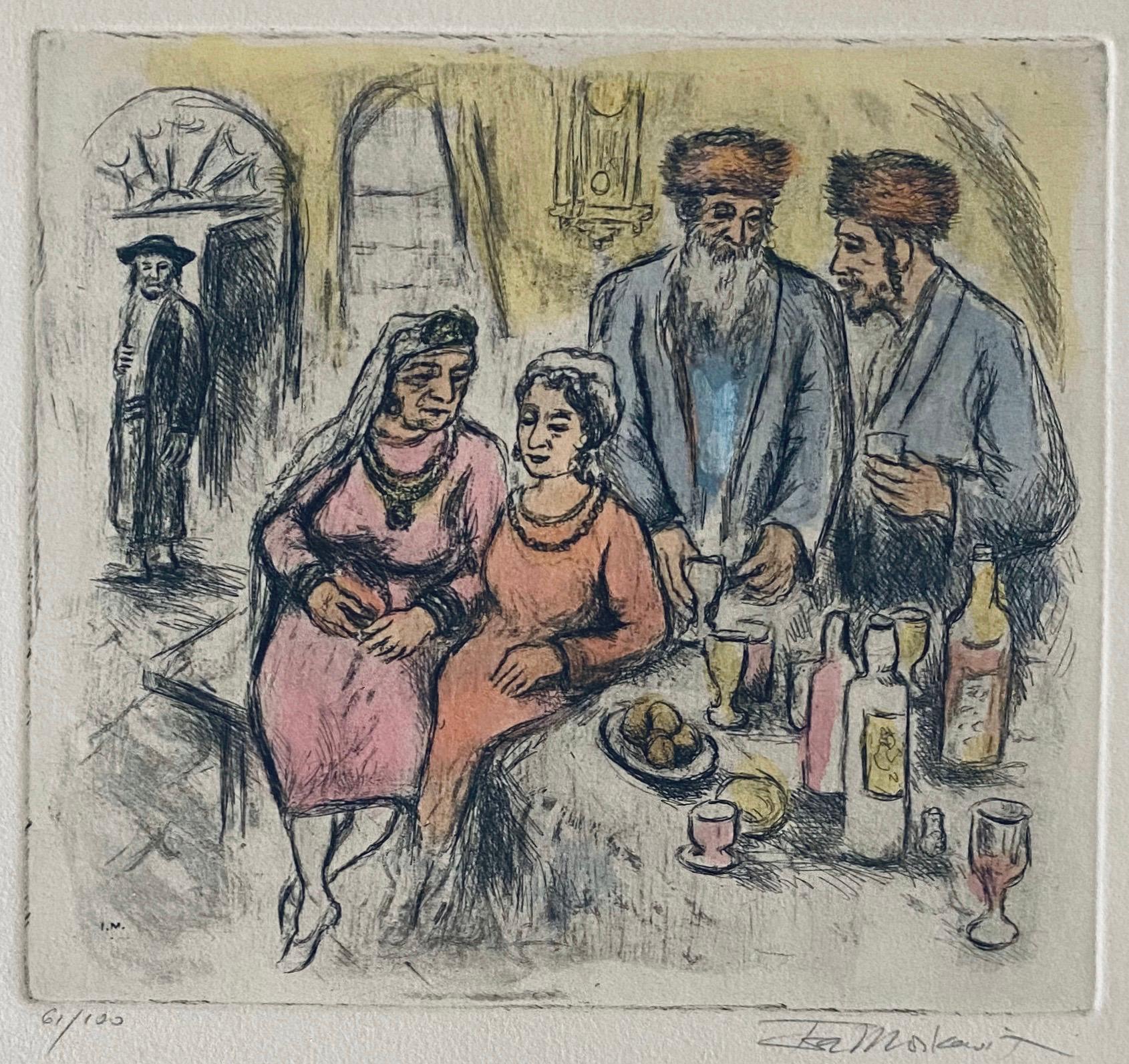 Grabado de escena interior judaica coloreado a mano - Print Posimpresionista de Ira Moskowitz