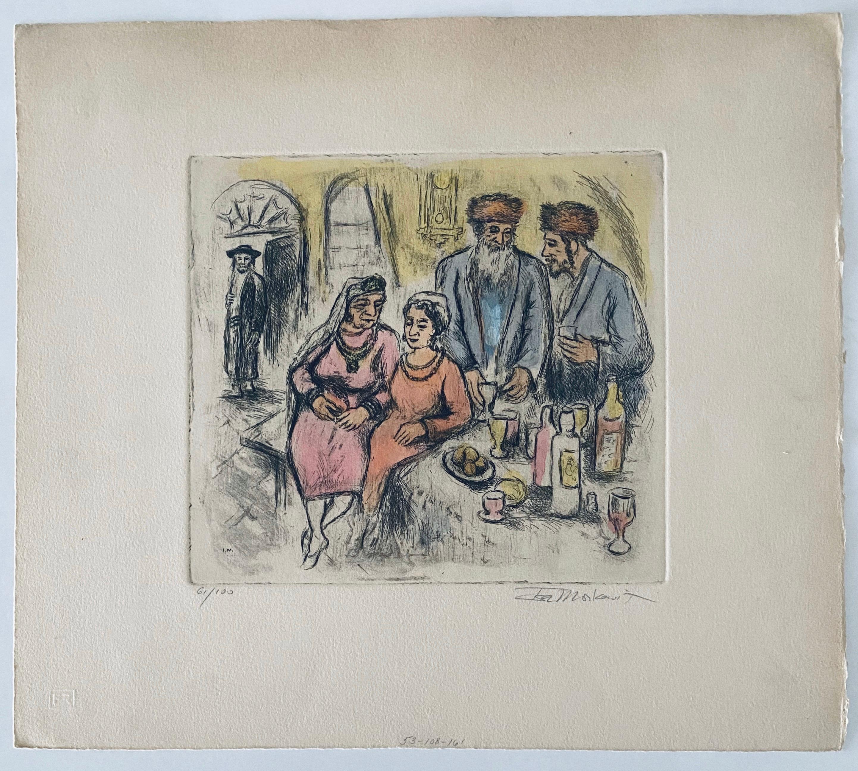 Grabado de escena interior judaica coloreado a mano - Interior Print Gris de Ira Moskowitz