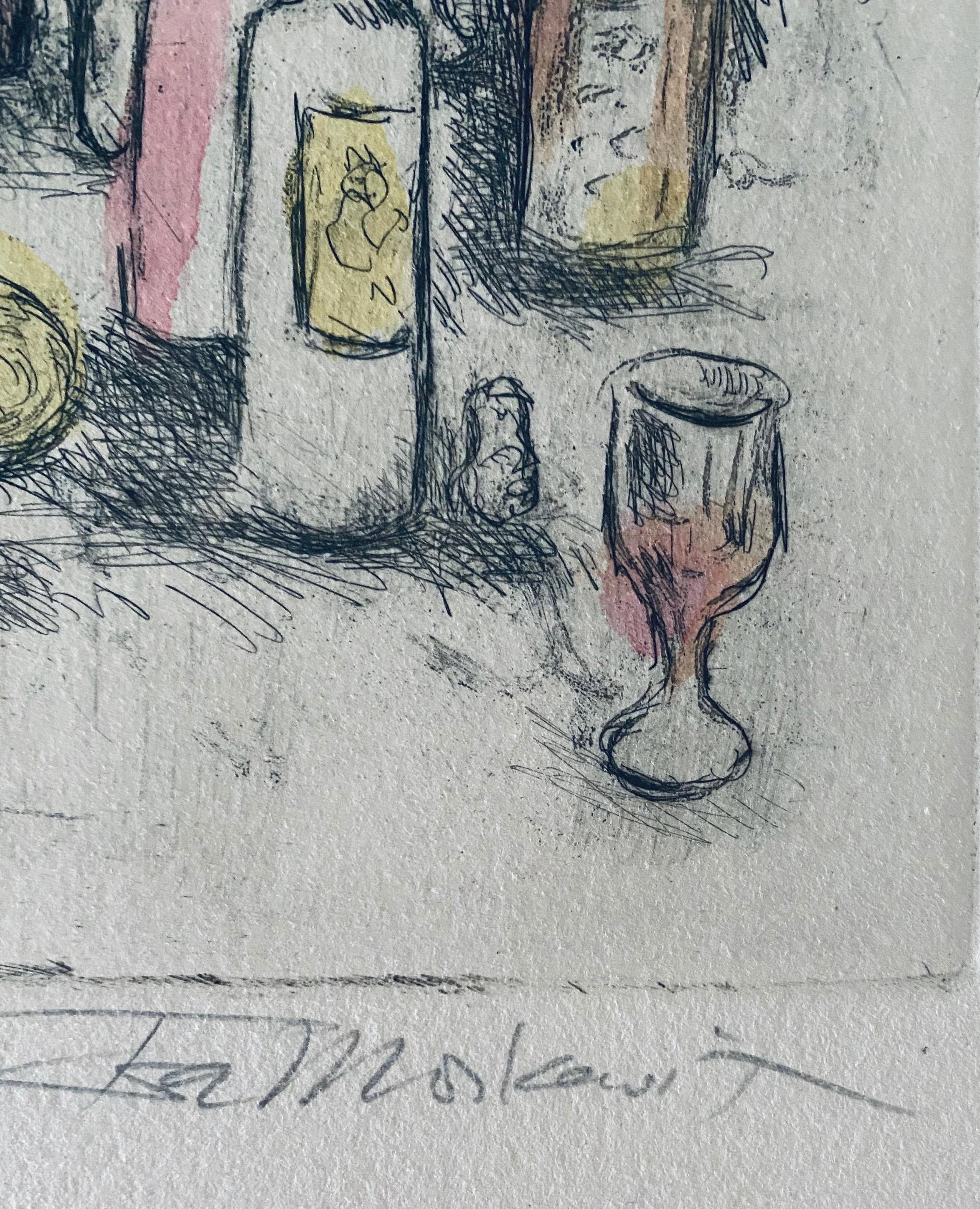 Creo que la escena es de una boda de compromiso. Grabado con extenso coloreado a mano (lo que la convierte en una obra de arte original única). 
Ira Moskowitz (1912-2001), descendiente de una larga línea rabínica, nació en Galitzia (Polonia) y se