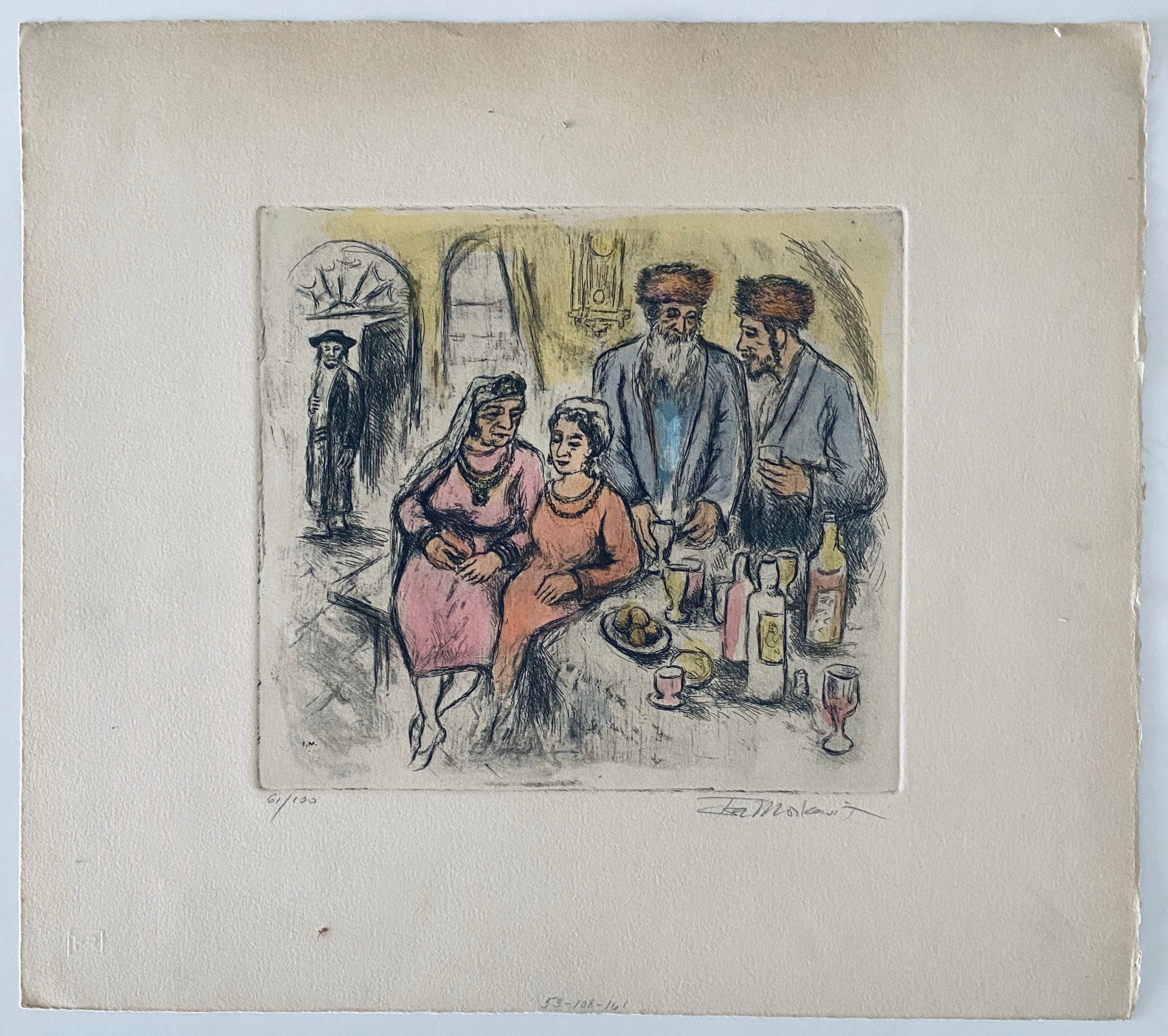 I believe the scene is of a wedding engagement. etching with extensive hand coloring (making it a unique original work of art) 
Ira Moskowitz (1912-2001), descendant of a long rabbinical line, was born in Galicia Poland and went with his family to