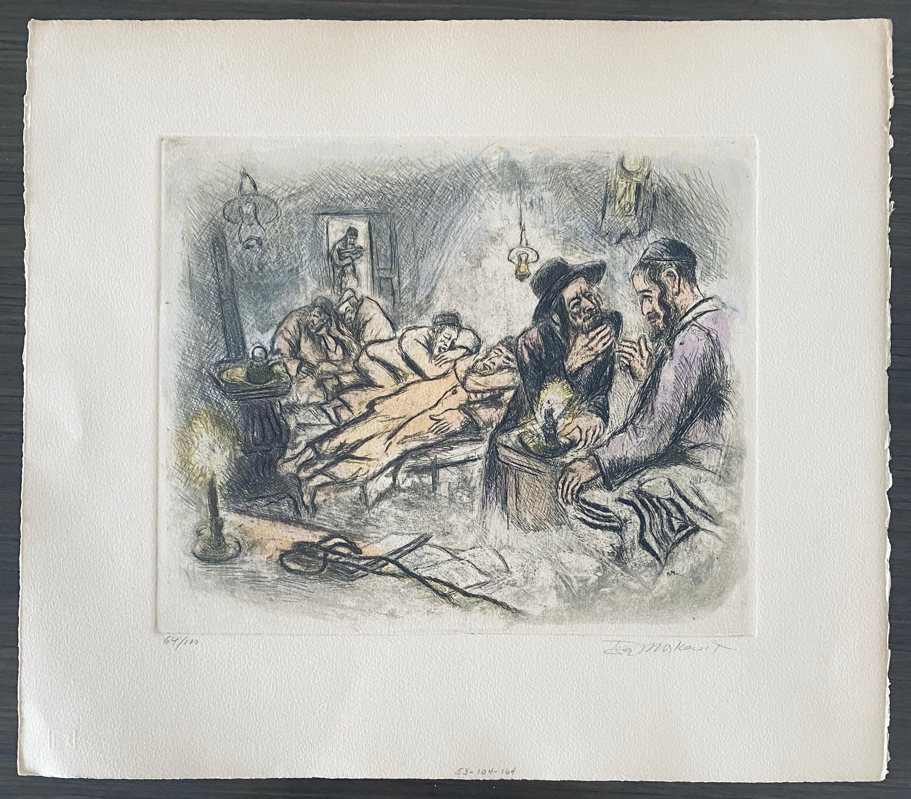 Grabado de escena interior judaica coloreado a mano en venta 3