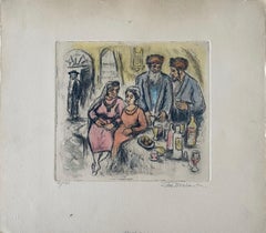 Judaica interior scene etching with hand coloring