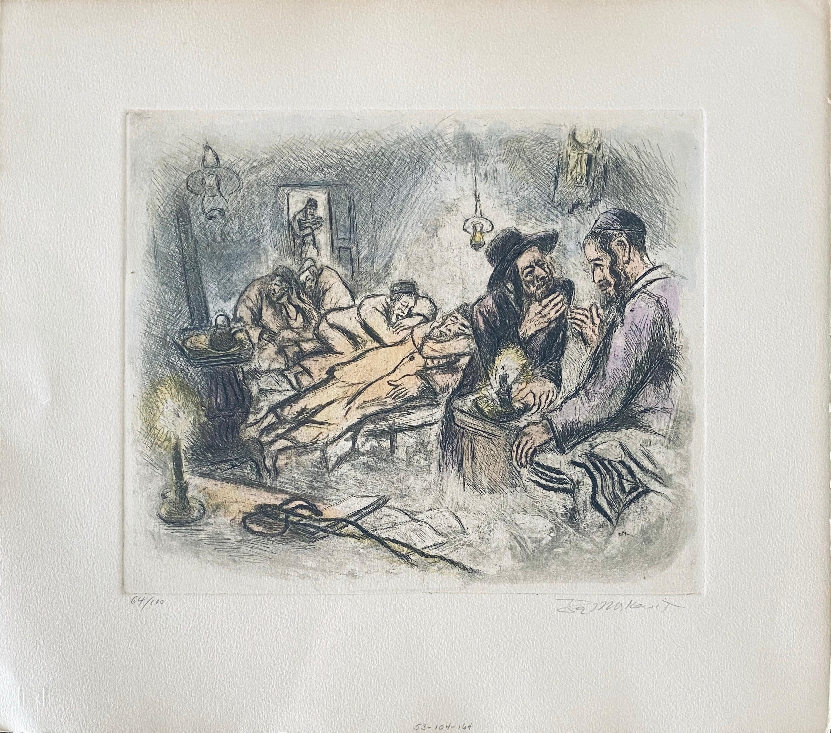 Interior Print de Ira Moskowitz - Grabado de escena interior judaica coloreado a mano