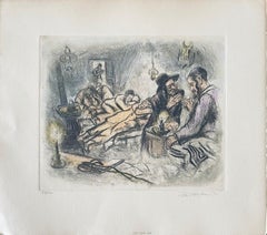 Grabado de escena interior judaica coloreado a mano