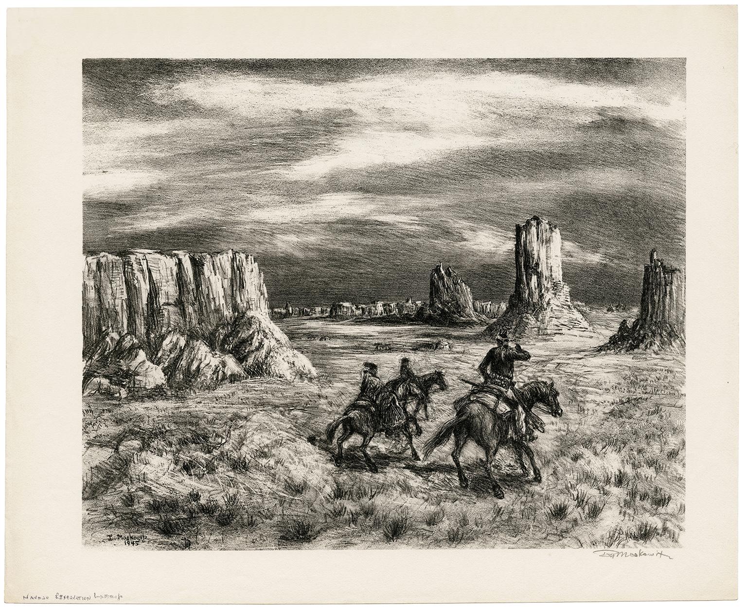 Paysage de la réserve Navajo - Régionalisme du sud-ouest des années 1940 - Print de Ira Moskowitz