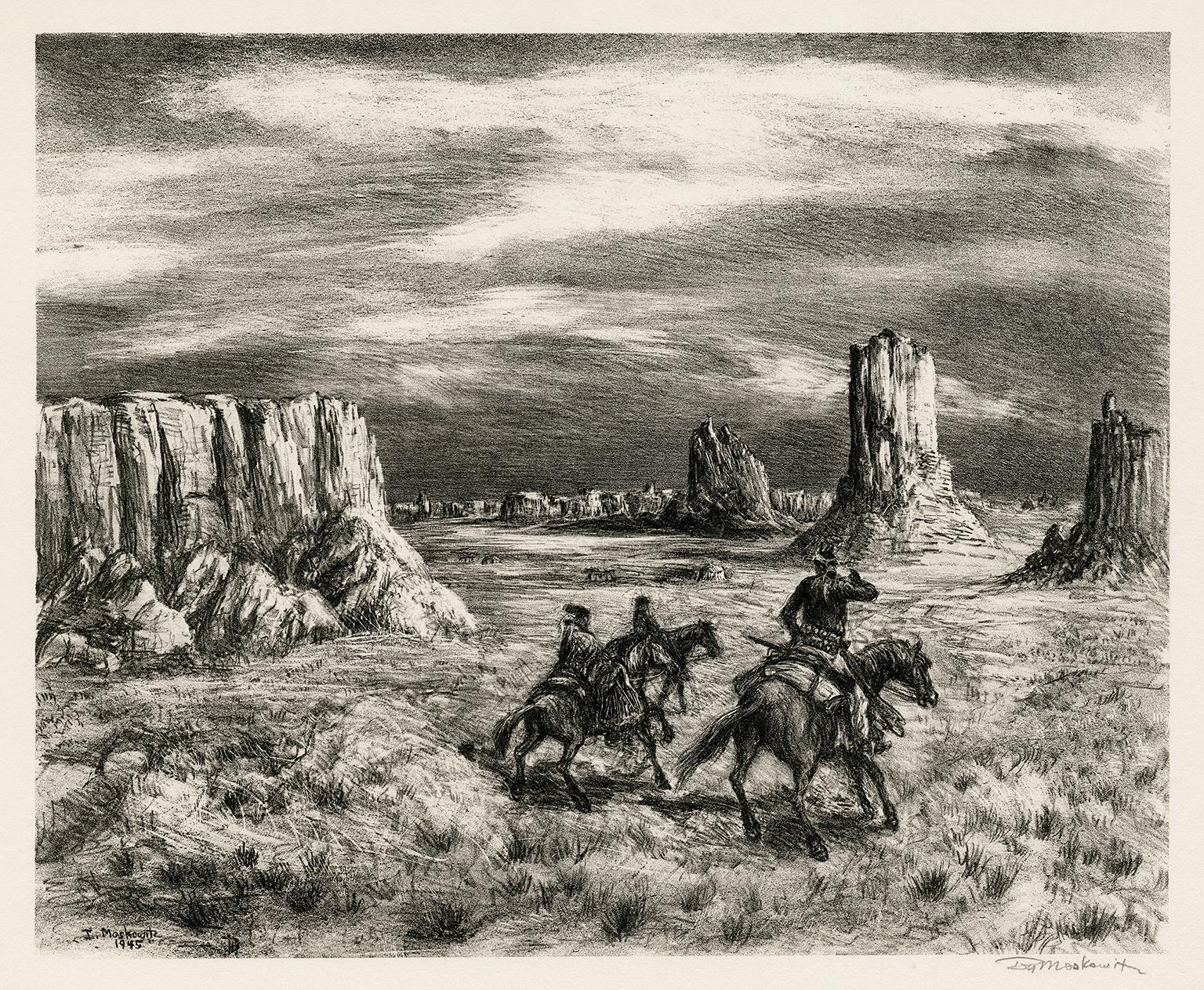 Ira Moskowitz Landscape Print - 'Navajo Reservation Landscape' — 1940s Southwest Regionalism