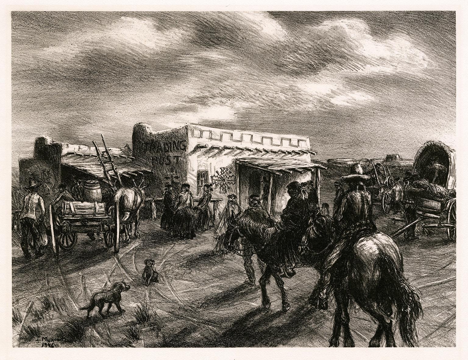 Ira Moskowitz Landscape Print - 'Navajo Trading Post' — 1940s Southwest Regionalism