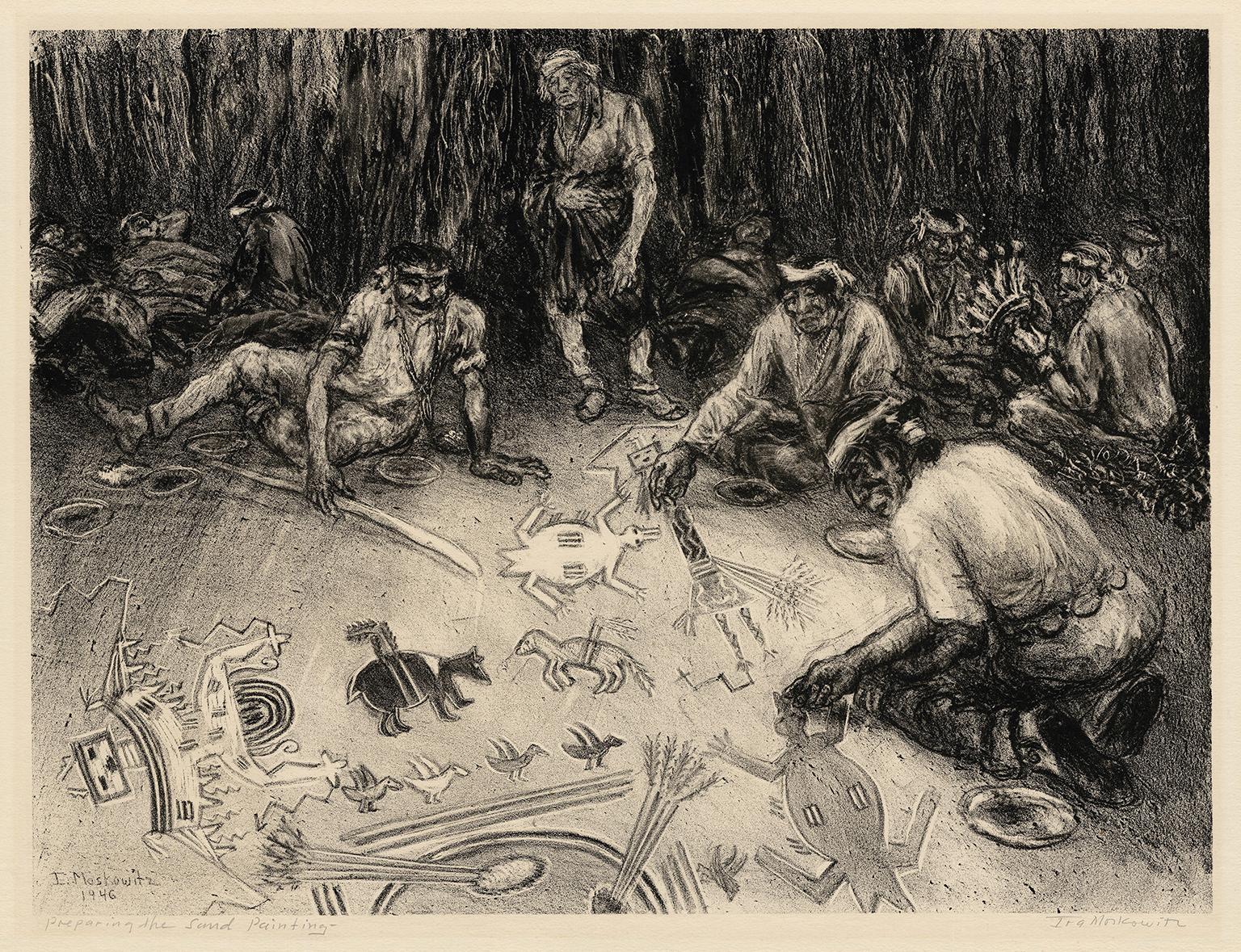 Ira Moskowitz Landscape Print - 
Preparing the Sand Painting
 — Southwest Regionalism, Native American Subject