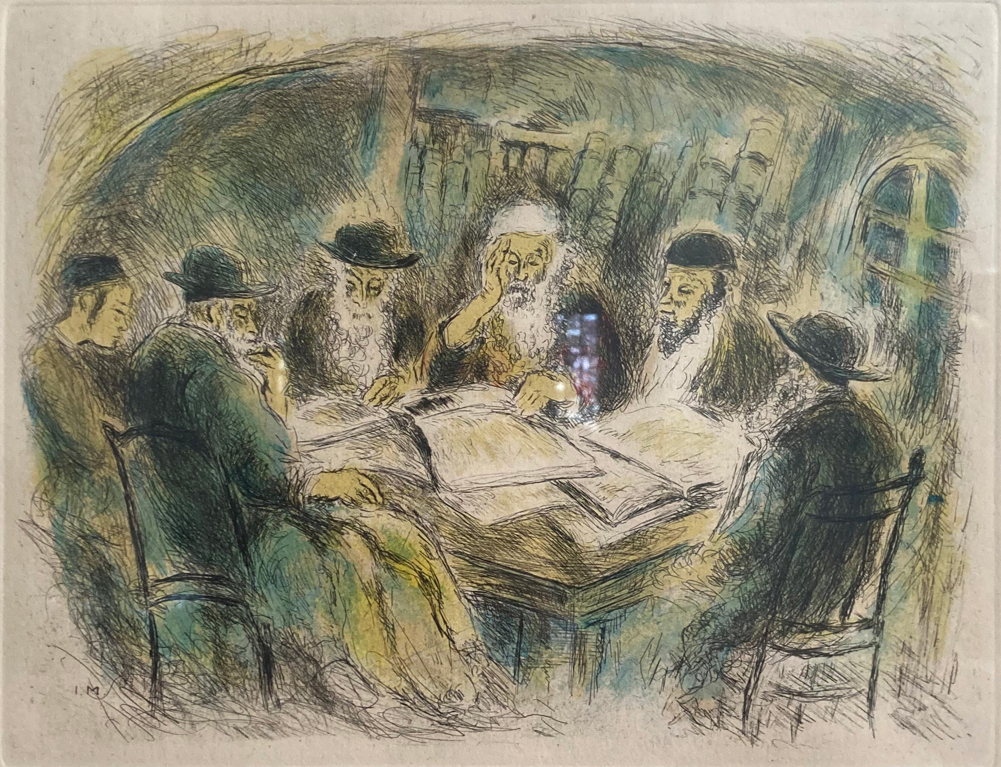 Reading the Torah, Modern Hand Colored Etching by Ira Moskowitz For Sale 2