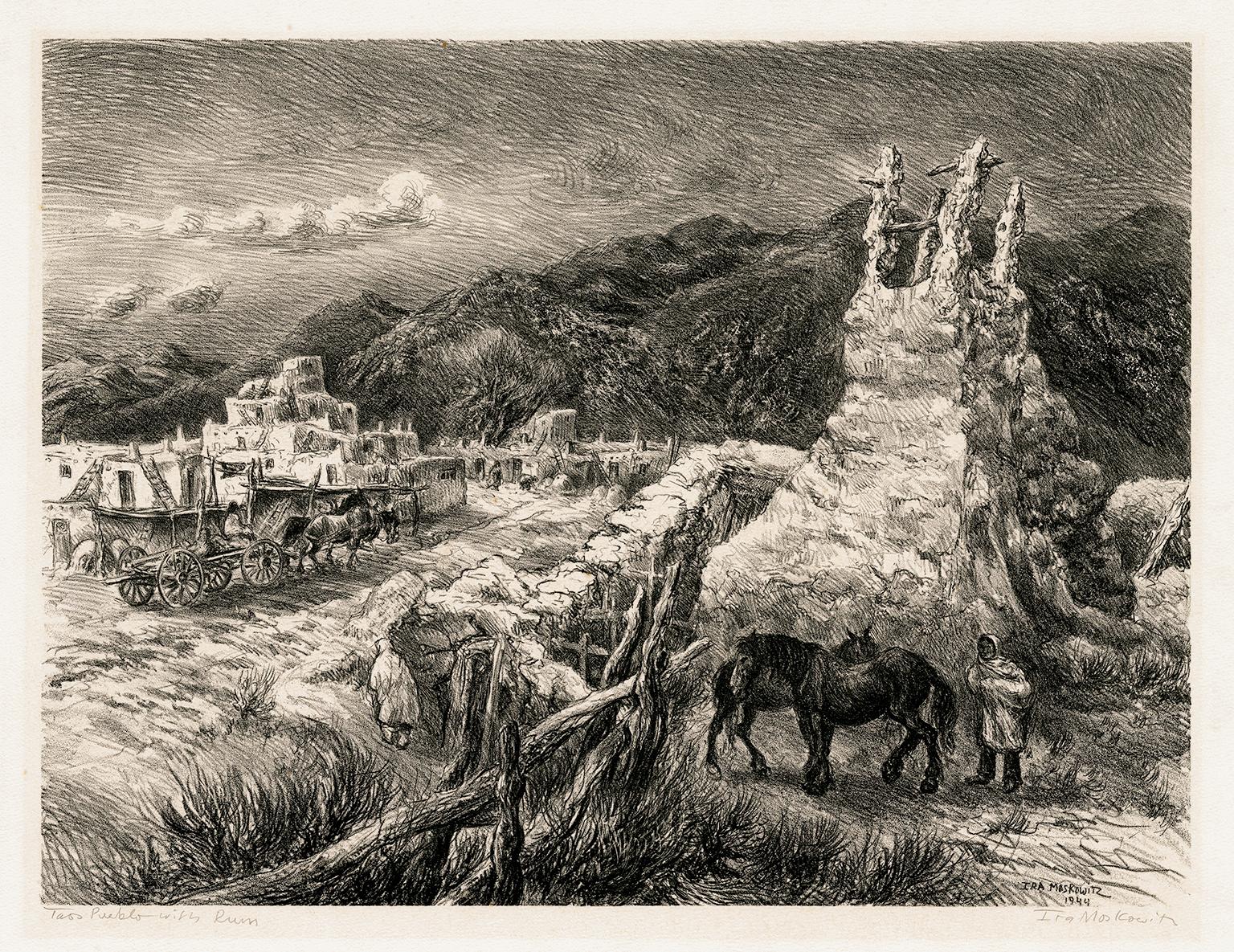 Ira Moskowitz Landscape Print - 'Taos - Relic of the Insurrection of 1845' — 1940s Southwest Regionalism