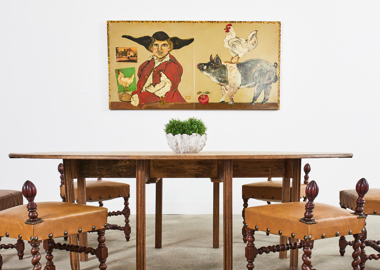 Grande peinture fantaisiste à l'huile sur toile représentant un fermier provincial français du 18e siècle avec des poulets et un cochon. Peinture de la fin du 20e siècle d'Ira Yeager (Américain, 1938-2022) réalisée en joignant deux toiles de 36