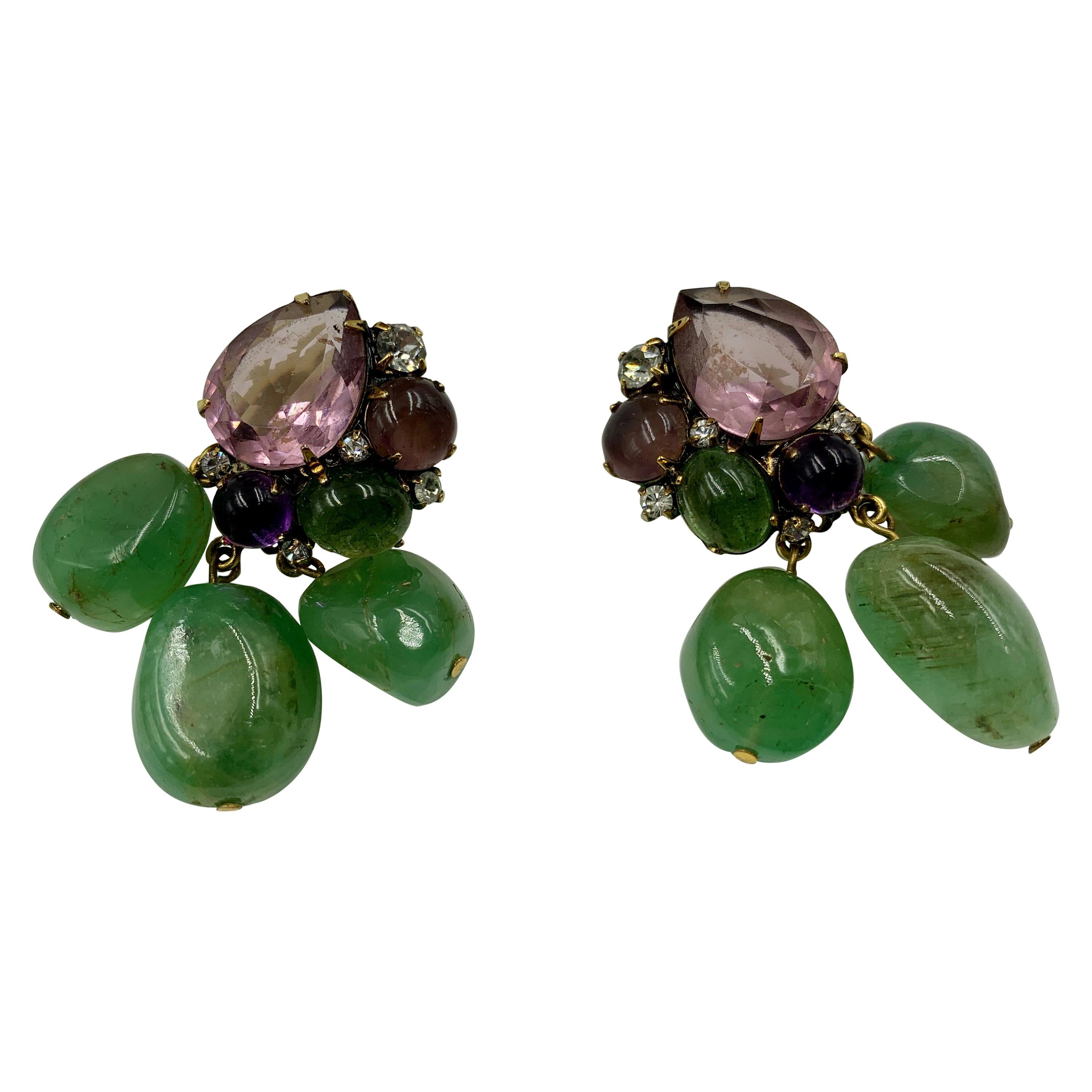 Vintage Iradj Moini Amethyst, Fluorite and Crystal Ear Clips, late 20th Century