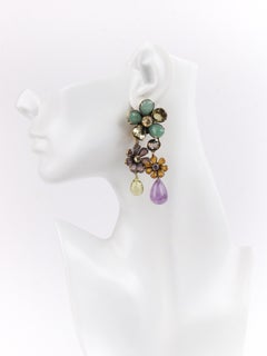 IRADJ MOINI c. 2000’s Gold-Tone Floral Semi-Precious Stone Drop Clip On Earrings