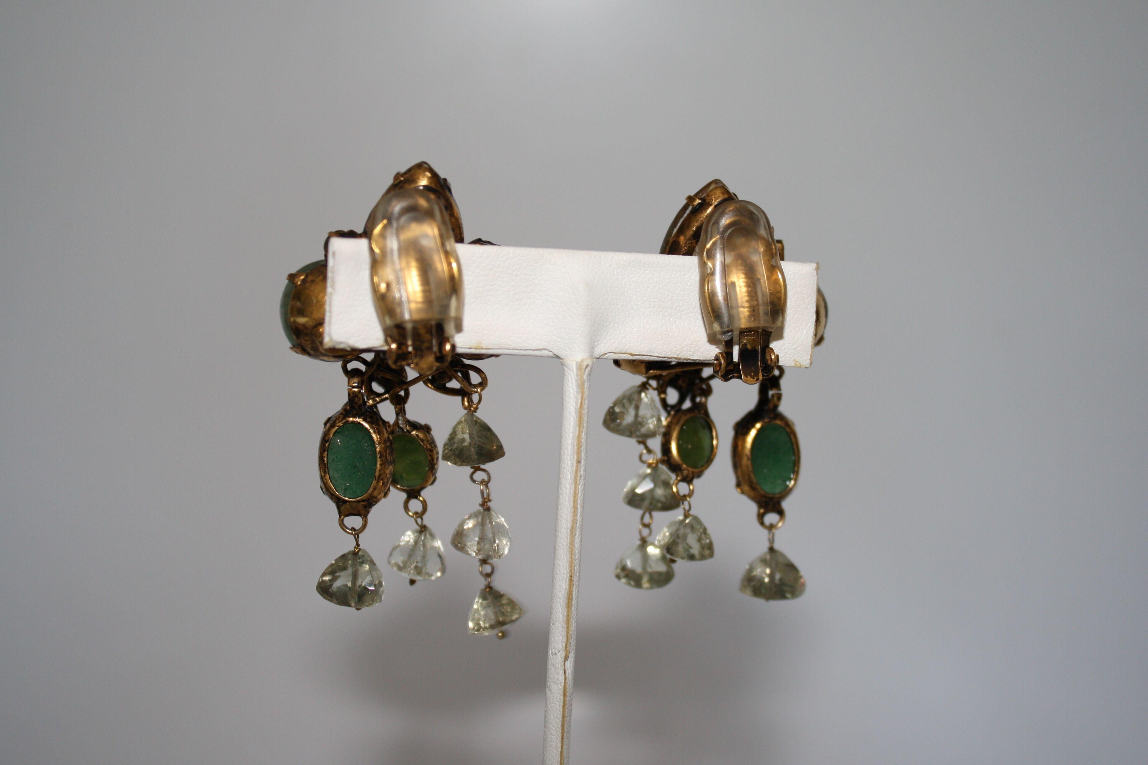 Gorgeous statement clip earrings from designer Iradj Moini made with citrine, jade, jasper, and lemon quartz.